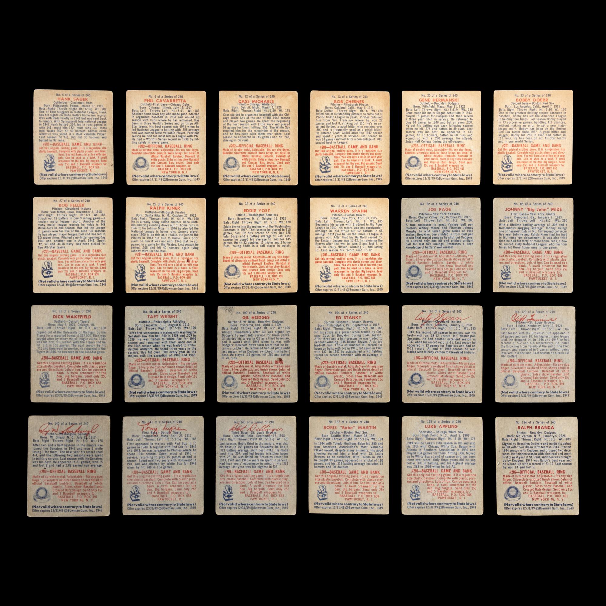 A Collection of 1949 Bowman Baseball Cards Including Multiple Hall of Famers