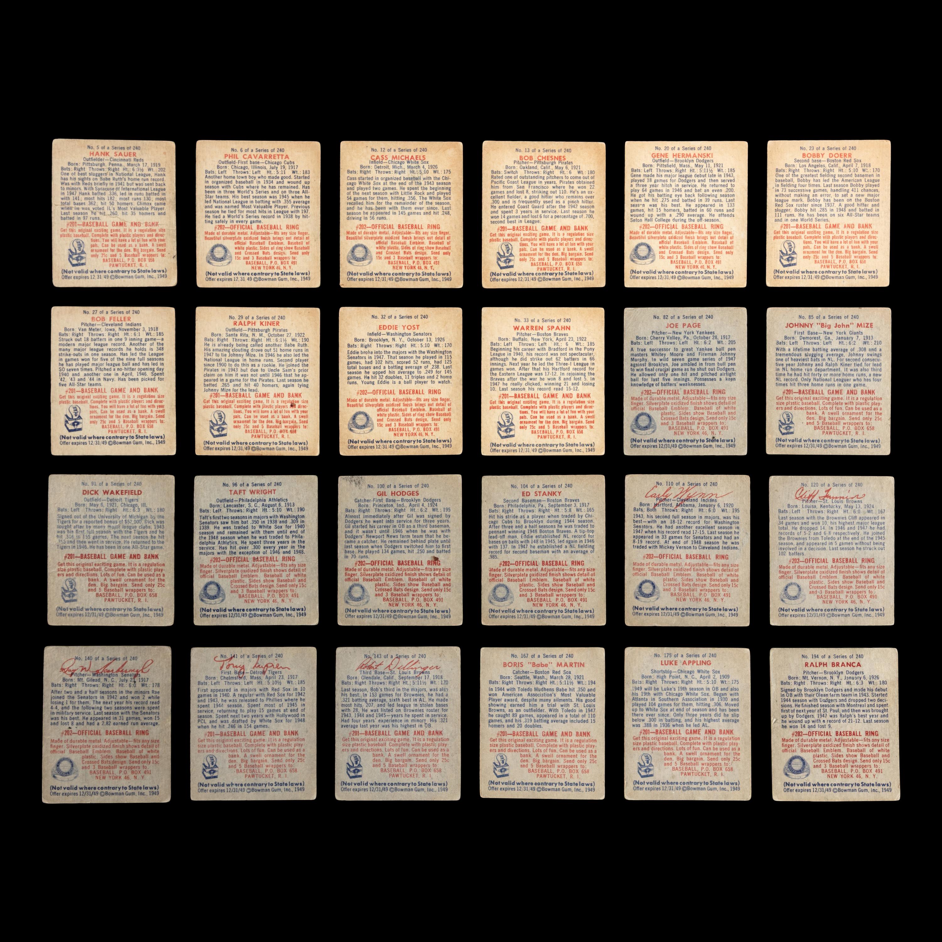 A Collection of 1949 Bowman Baseball Cards Including Multiple Hall of Famers