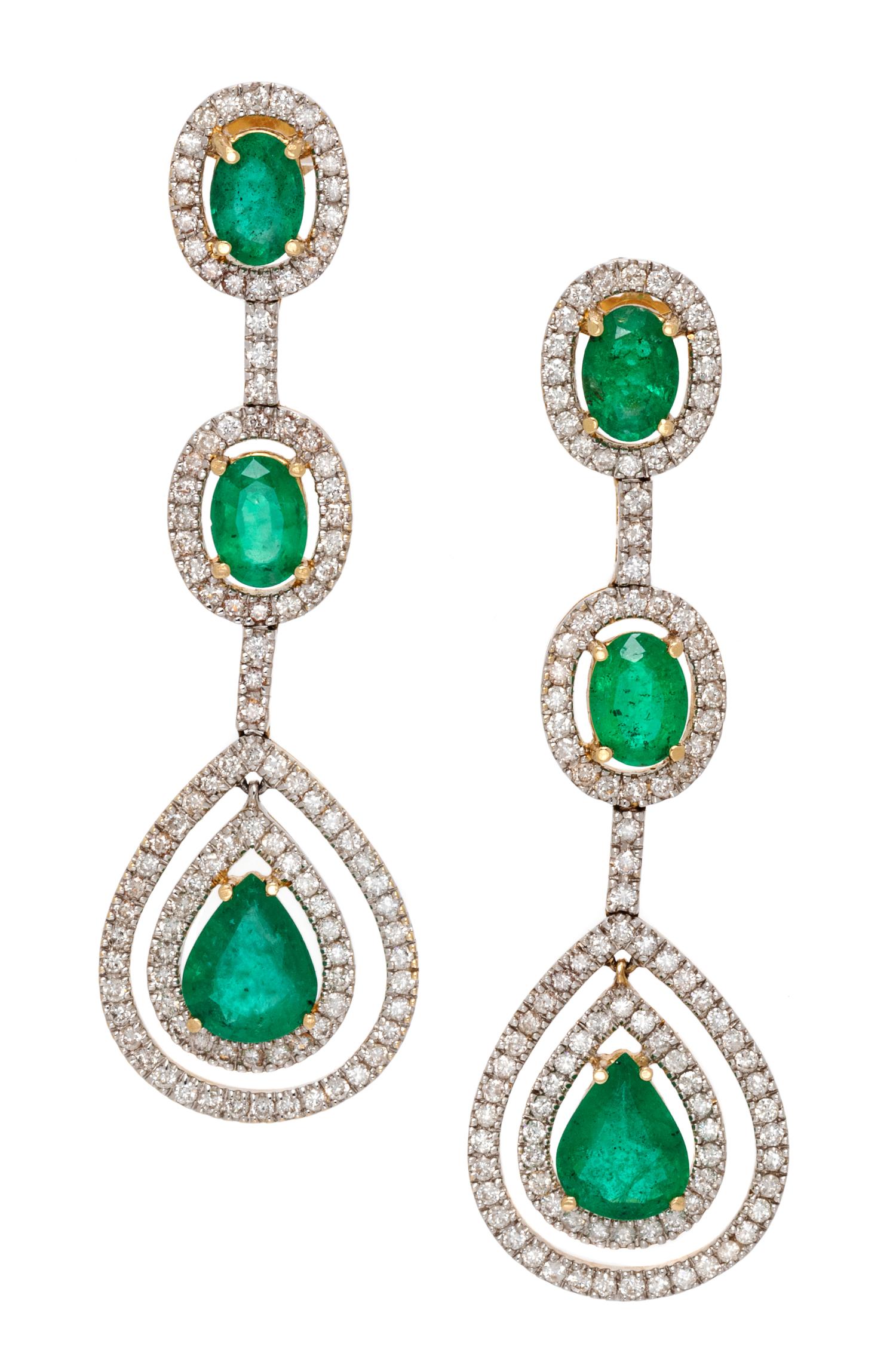 A Pair of Bicolor Gold, Emerald and Diamond Earrings, 6.70 dwts.