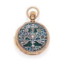 GOLD-FILLED, ENAMEL AND PASTE AUTOMATON HUNTER CASE POCKET WATCH