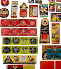 [ADVERTISING]. Hy-Beaute Hair Dressings placard. Atlanta, GA: Hy Beaute Chemical Co., ca early 1950s. [ With: ] Approx. 90 Valmor product labels featuring African American models.