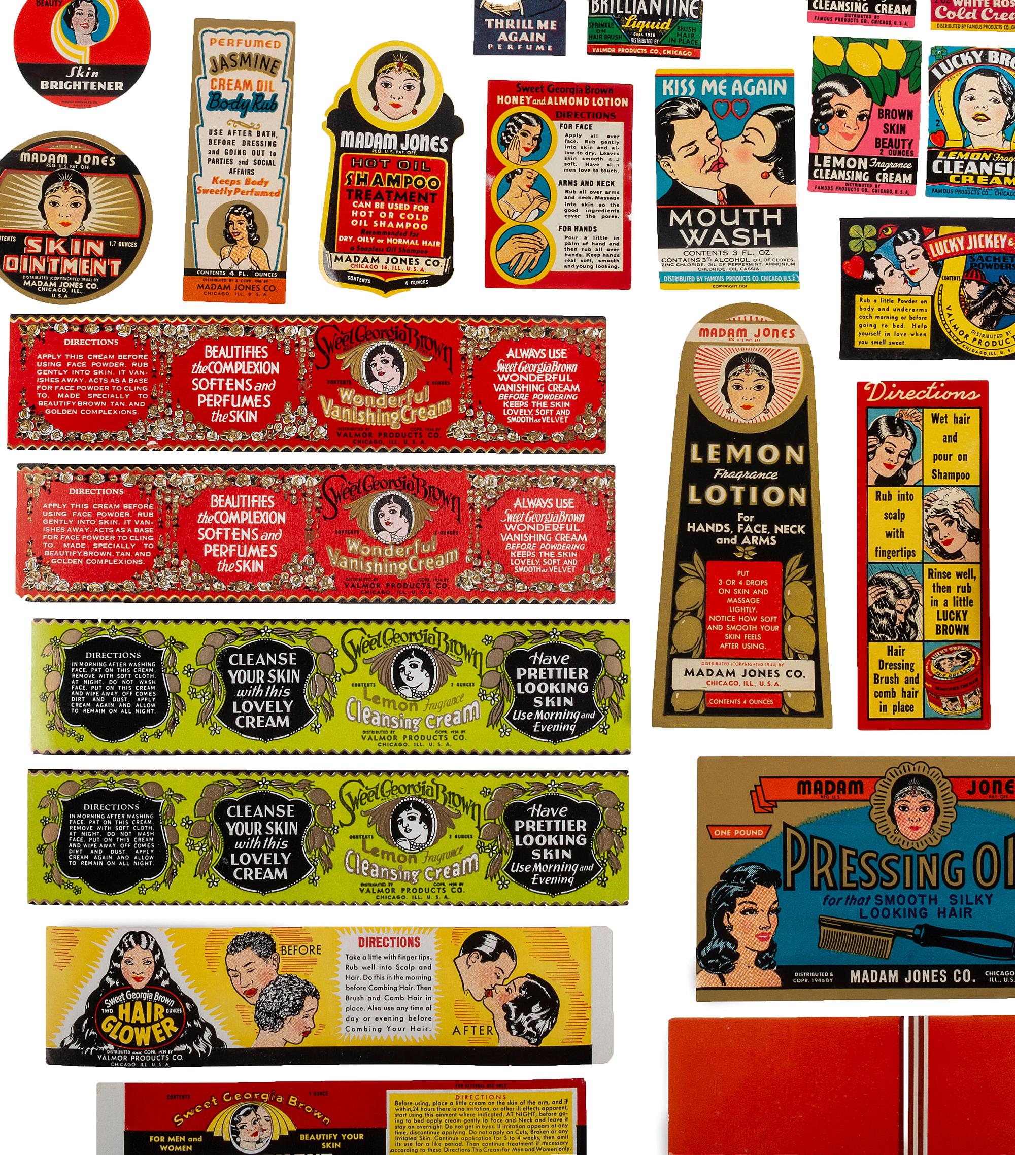 [ADVERTISING]. Hy-Beaute Hair Dressings placard. Atlanta, GA: Hy Beaute Chemical Co., ca early 1950s. [ With: ] Approx. 90 Valmor product labels featuring African American models.