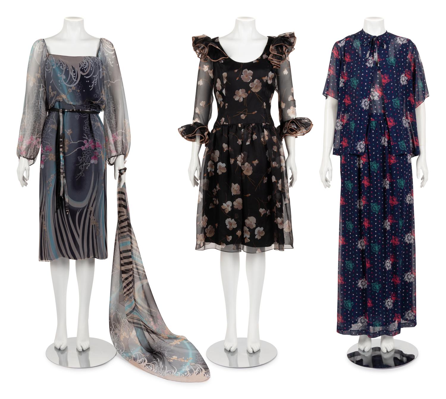 Three Floral Print Designer Dresses: One Three-Piece Oleg Cassini, One Jean-Louis, One Three-Piece Tina Leser, 1970-80s