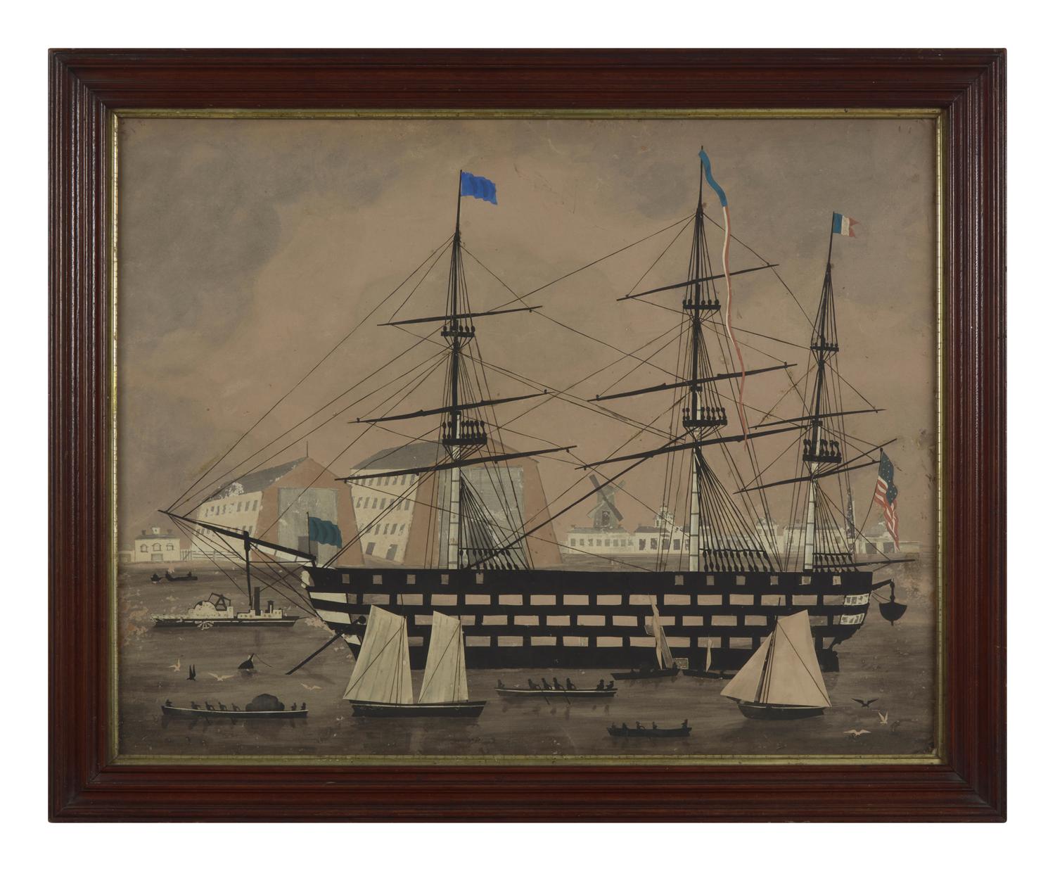 A Silhouette of Gun Ship of The Line USS Delaware Arriving at Portsmouth Naval Shipyard in Kittery ,Maine19th Century