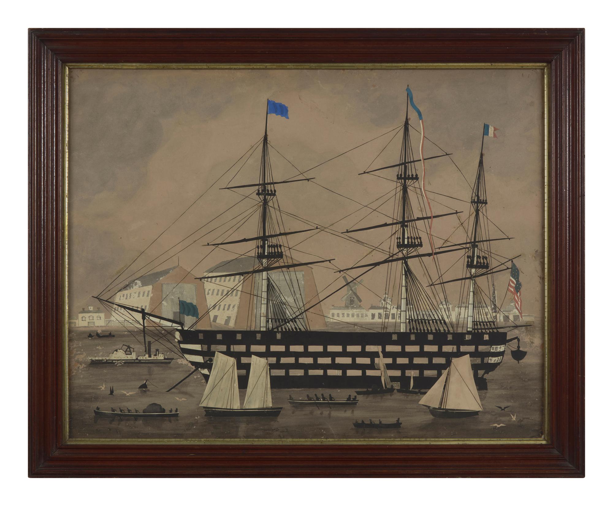 A Silhouette of Gun Ship of The Line USS Delaware Arriving at Portsmouth Naval Shipyard in Kittery ,Maine19th Century