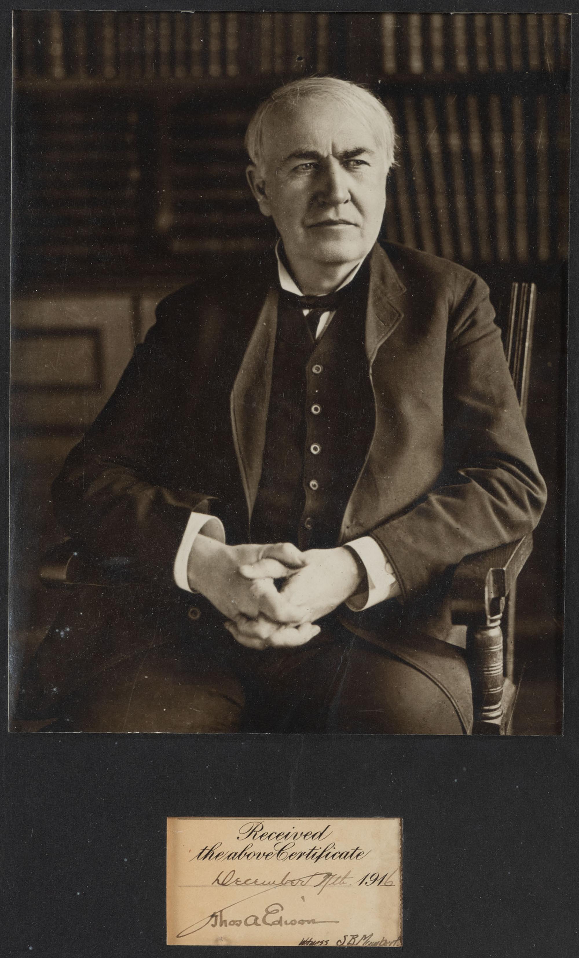 EDISON, Thomas (1847-1931). Clipped signature ("Thos. A Edison"). 4 December 1916.