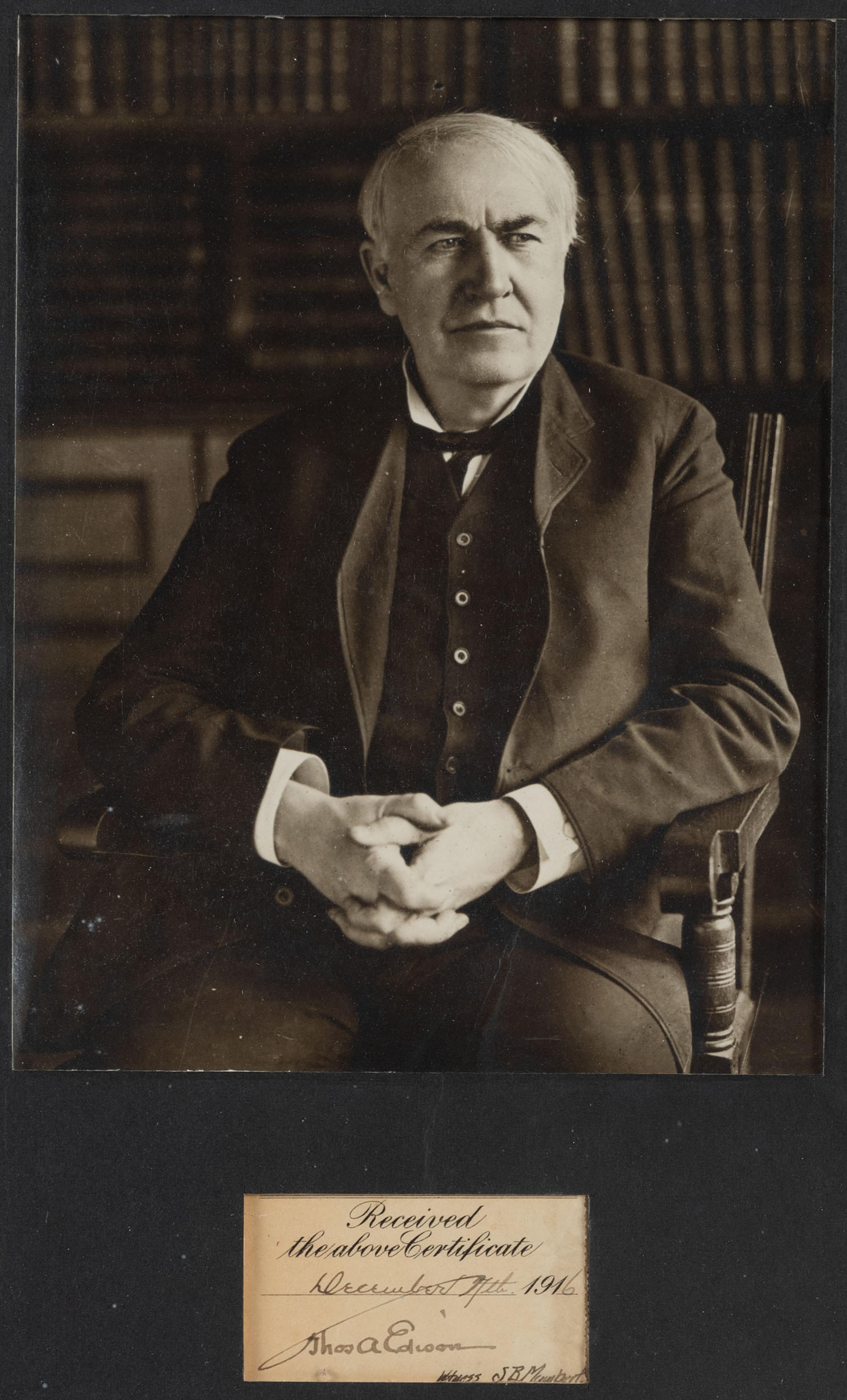 EDISON, Thomas (1847-1931). Clipped signature ("Thos. A Edison"). 4 December 1916.