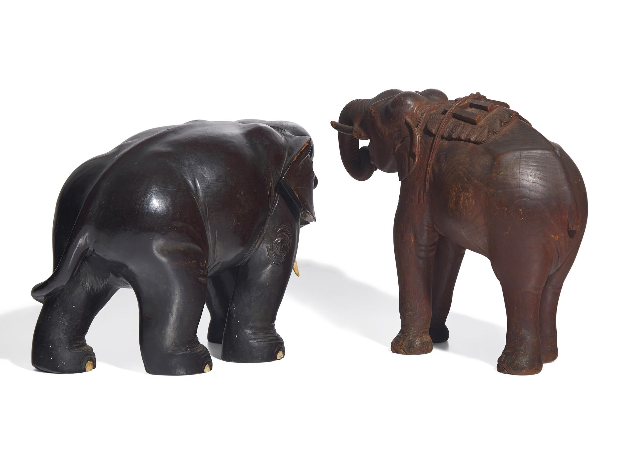 Two Japanese Wood Figures of Elephants