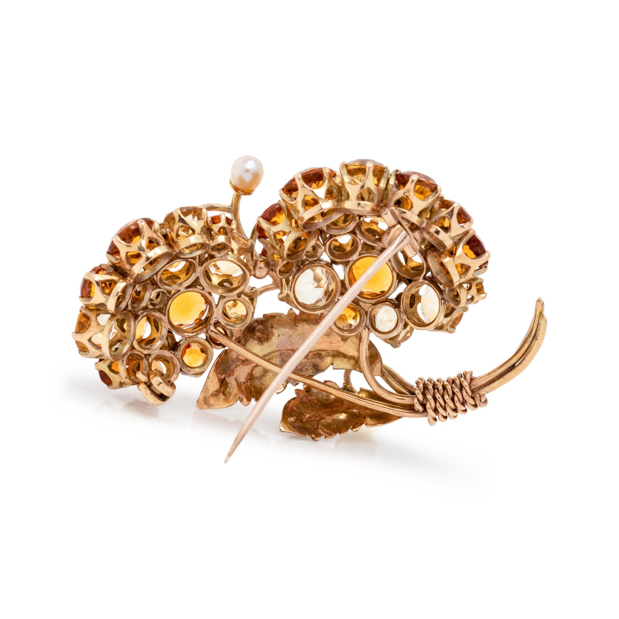 YELLOW GOLD, CITRINE AND CULTURED PEARL BROOCH
