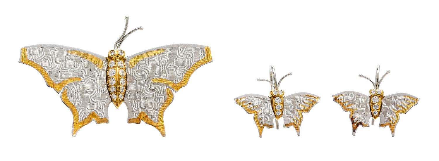 A Platinum, 18 Karat Yellow Gold and Diamond Butterfly Motif Demi Parure, Michael Bondanza, 10.60 dwts.
