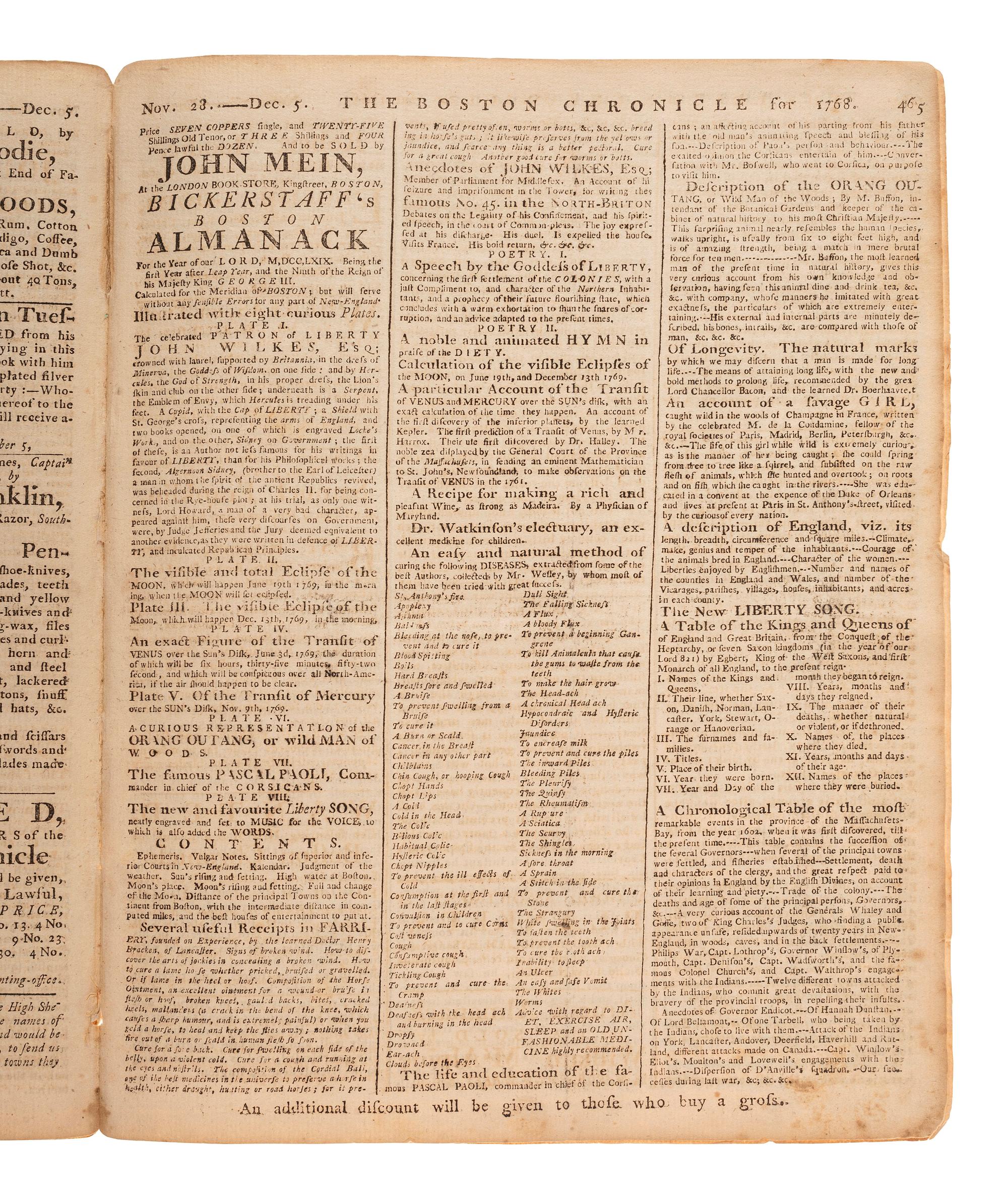[PRE-REVOLUTIONARY WAR]. The Boston Chronicle . Vol. I, No. 51. Boston, MA: Mein and Fleeming, 5 December 1768.