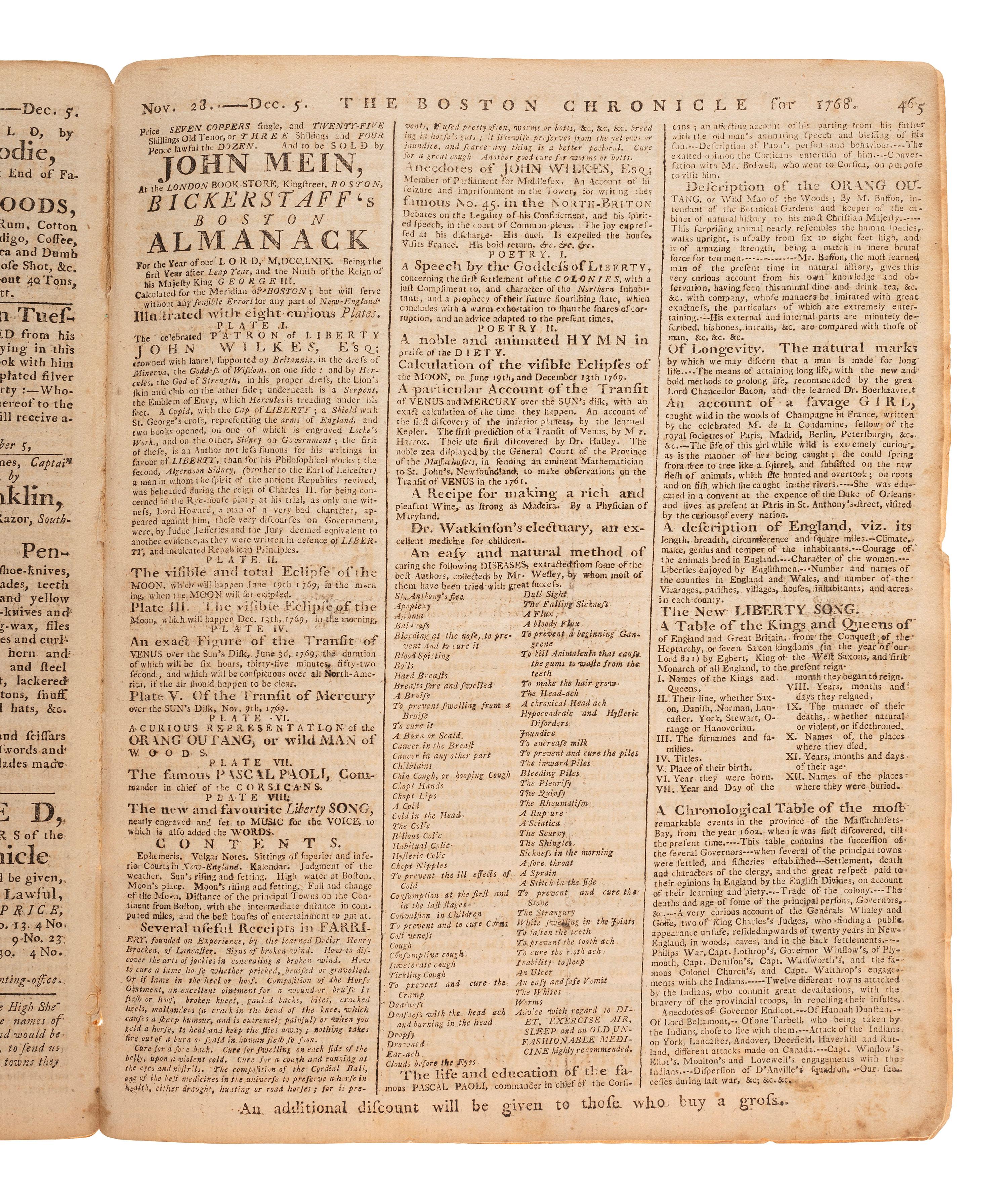 [PRE-REVOLUTIONARY WAR]. The Boston Chronicle . Vol. I, No. 51. Boston, MA: Mein and Fleeming, 5 December 1768.