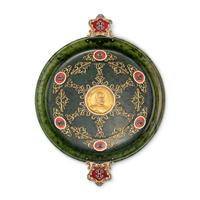 A Nephrite, Gold-Mounted, Gemstone-Inset and Guilloché Enamel Presentation Dish