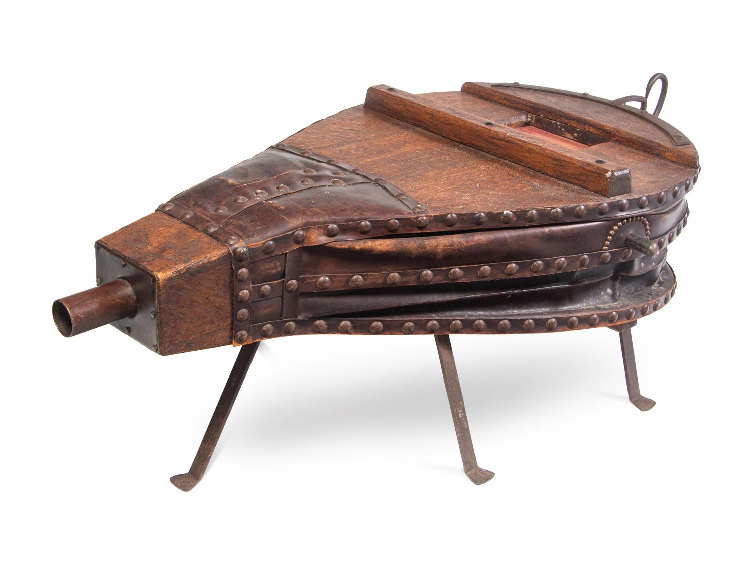 A Large Oak and Leather Bellows on Stand