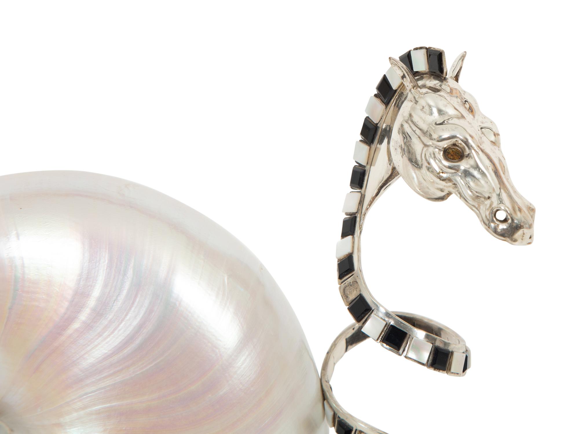A Roberto Estevez Seahorse Nautilus Shell and Silver Sculpture