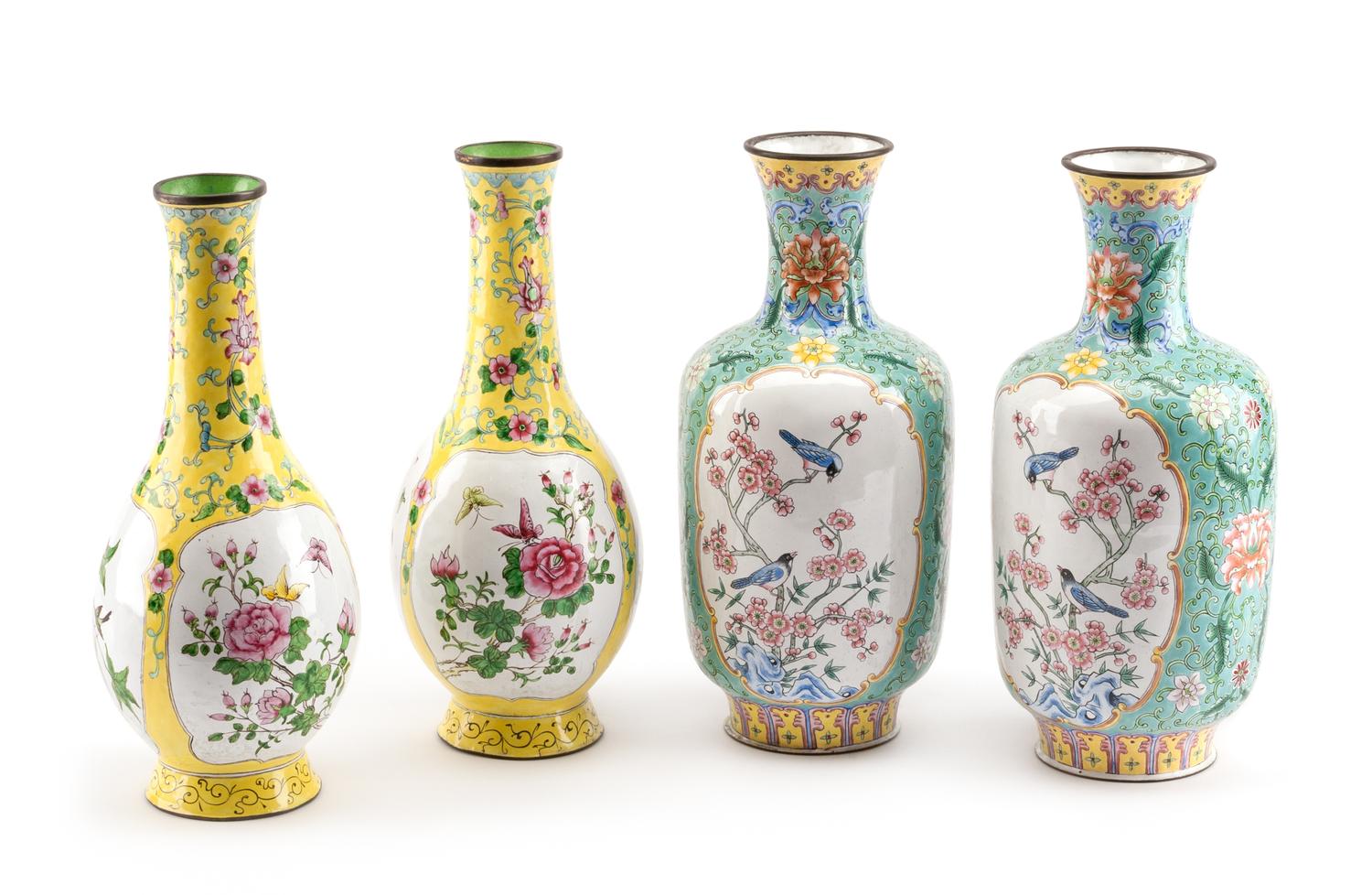 Two Pairs of Chinese Peking Enameled Vases Height of tallest 10 1/2 inches.