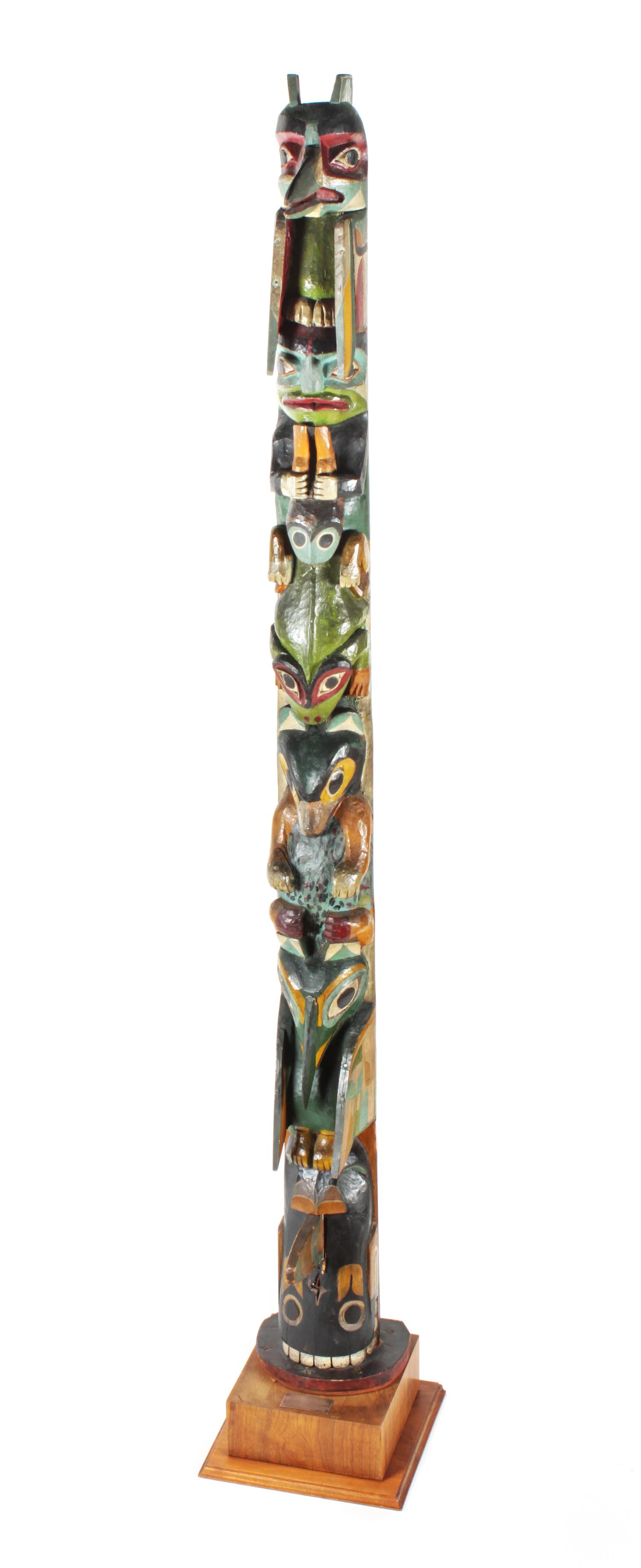 Northwest Coast Carved Wood Polychrome Totem Pole Height 77 inches — Early 20th Century