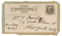 WHITMAN, Walt (1819-1892). Autograph note on postcard signed ("Walt Whitman"), to W. J. Forbes. Camden, New Jersey, 26 October [c.1880]