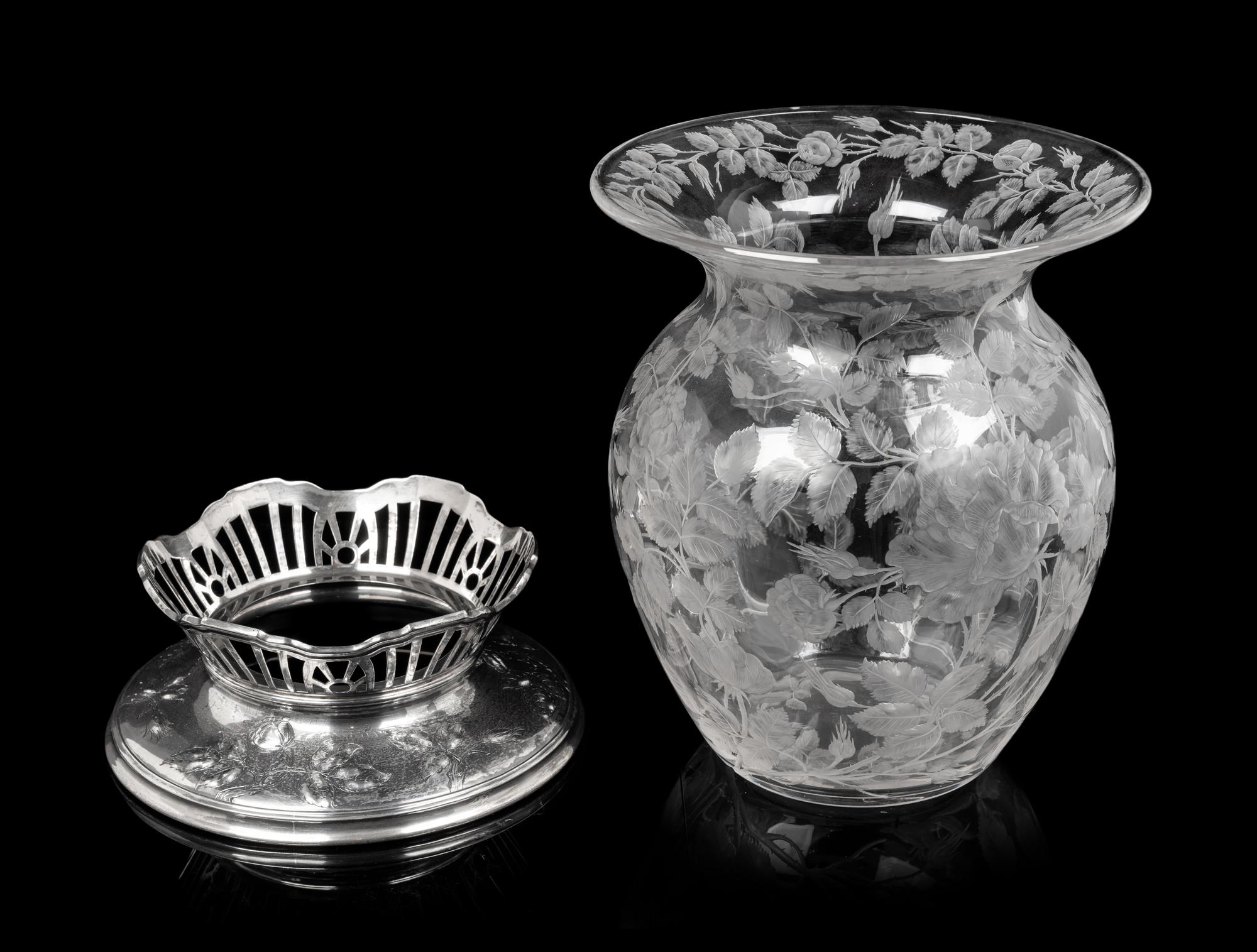 An American Silver Mounted Etched Glass Vase