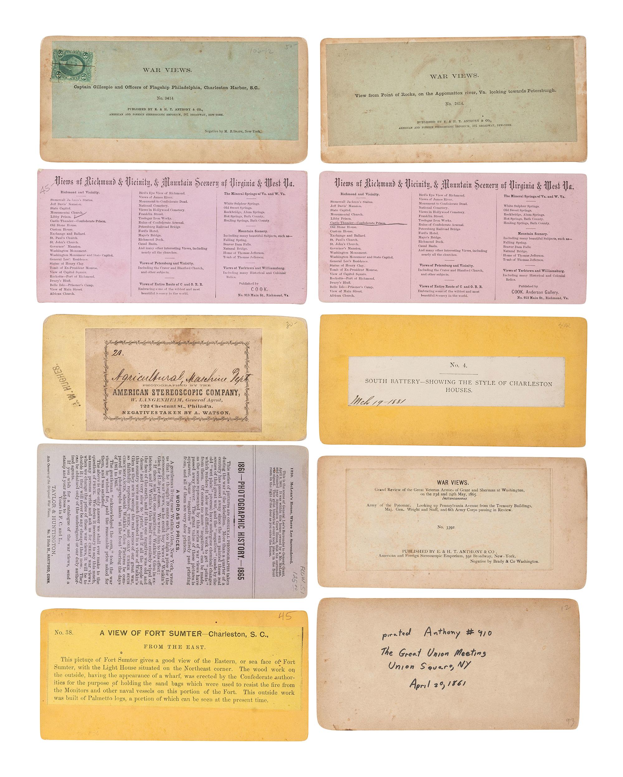 [CIVIL WAR]. A group of 10 stereoviews featuring Civil War events, landmarks, and personalities, by COOK, BARNARD, ANTHONY, and TAYLOR & HUNTINGON.