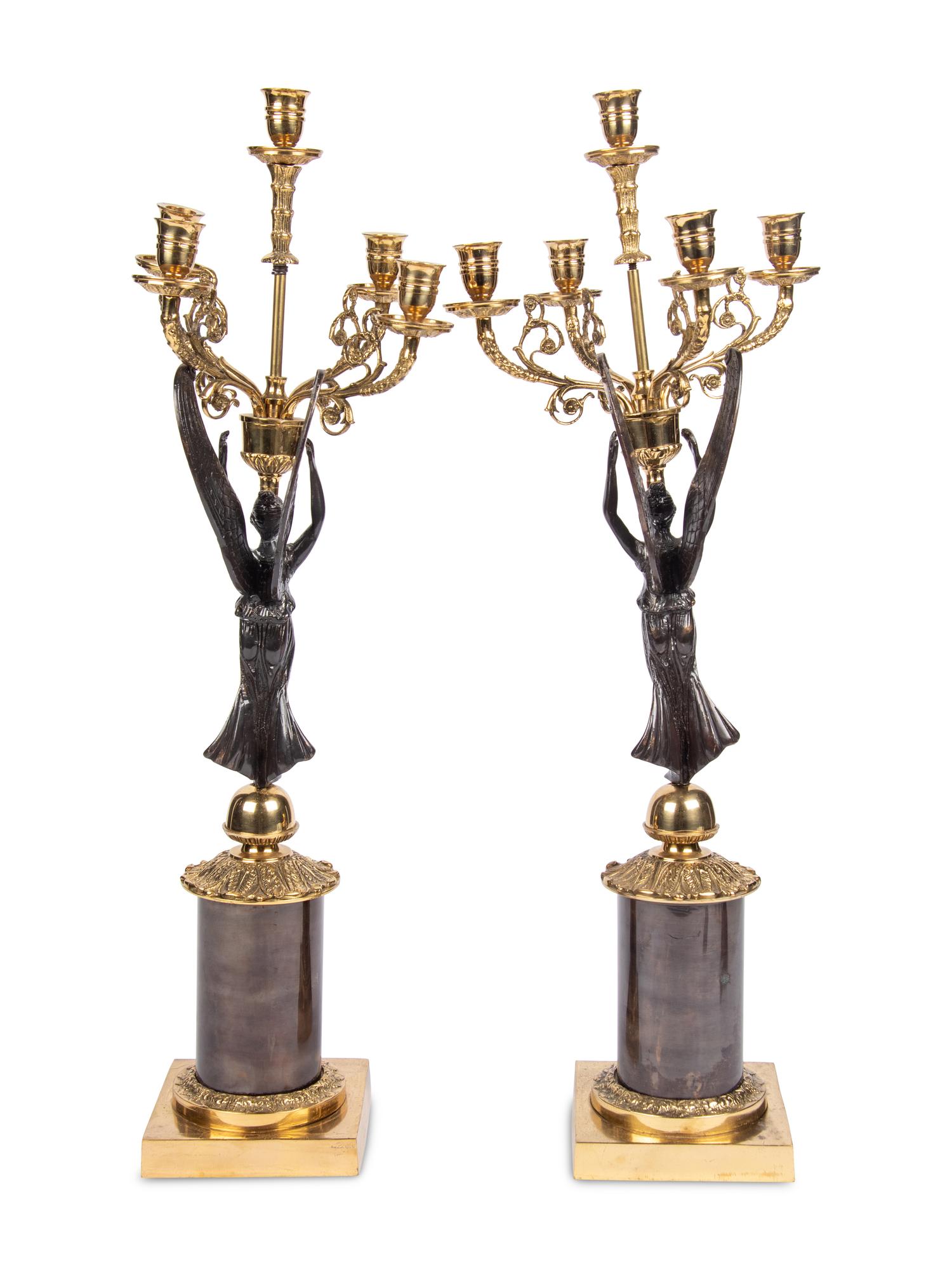 A Pair of Empire Style Gilt Metal Five-Light Candelabra