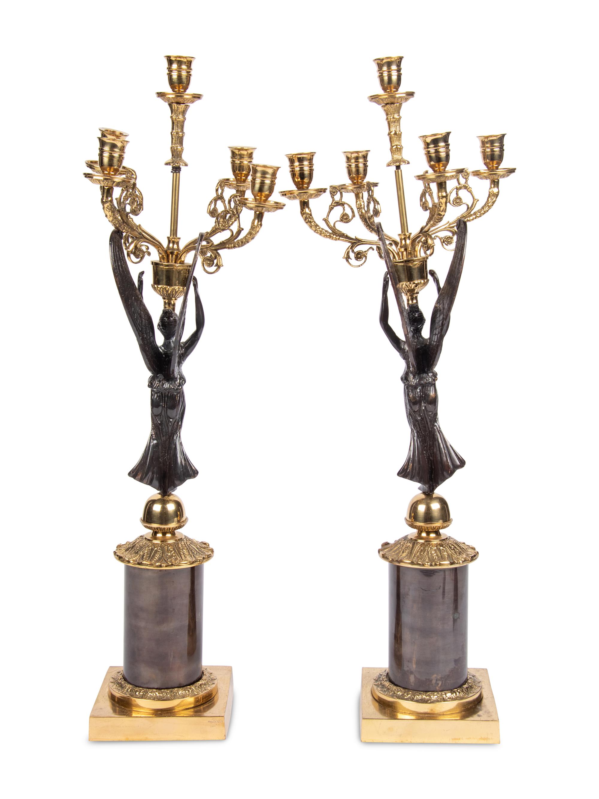 A Pair of Empire Style Gilt Metal Five-Light Candelabra