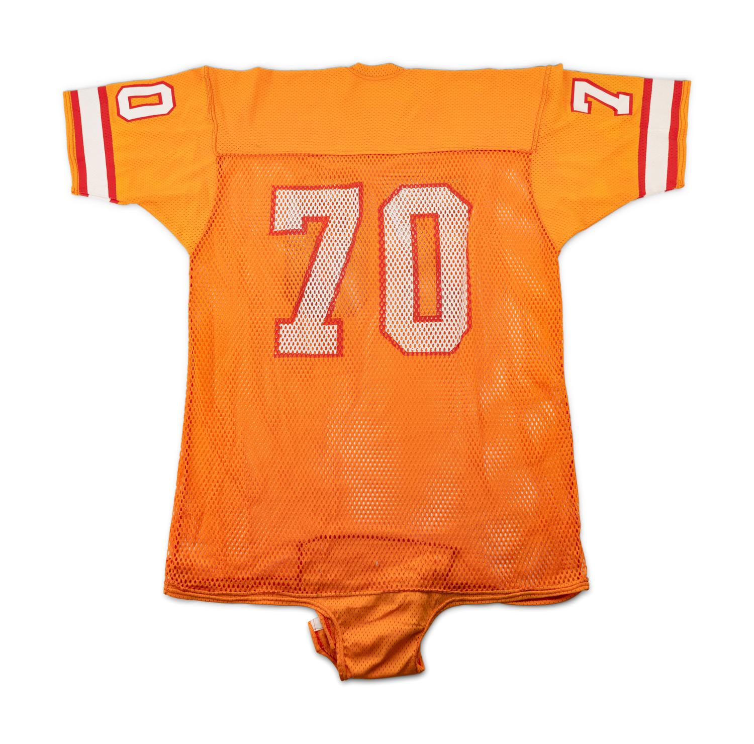 A Vintage 1970-80s Tampa Bay Buccaneers Game Issued "Creamsicle" Football Jersey and Group of Signed Autograph Items,