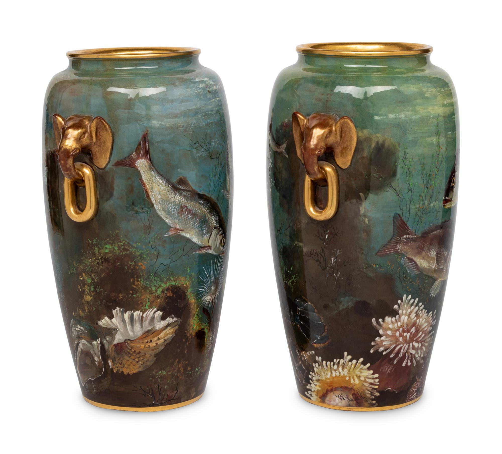 A Pair of Mintons Porcelain Elephant Handle Urns