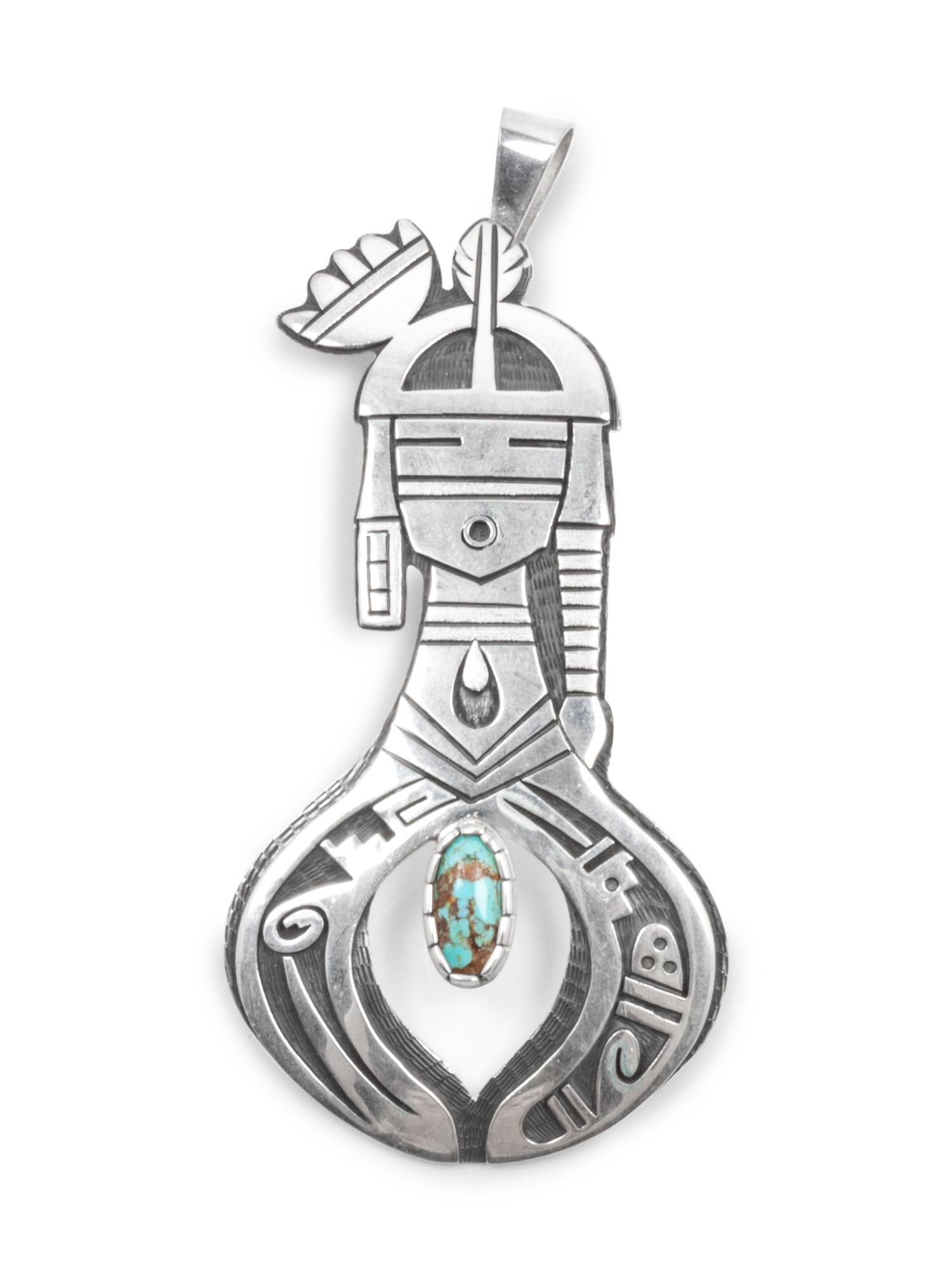 Silver overlay figural pendant with turquoise cabochon
