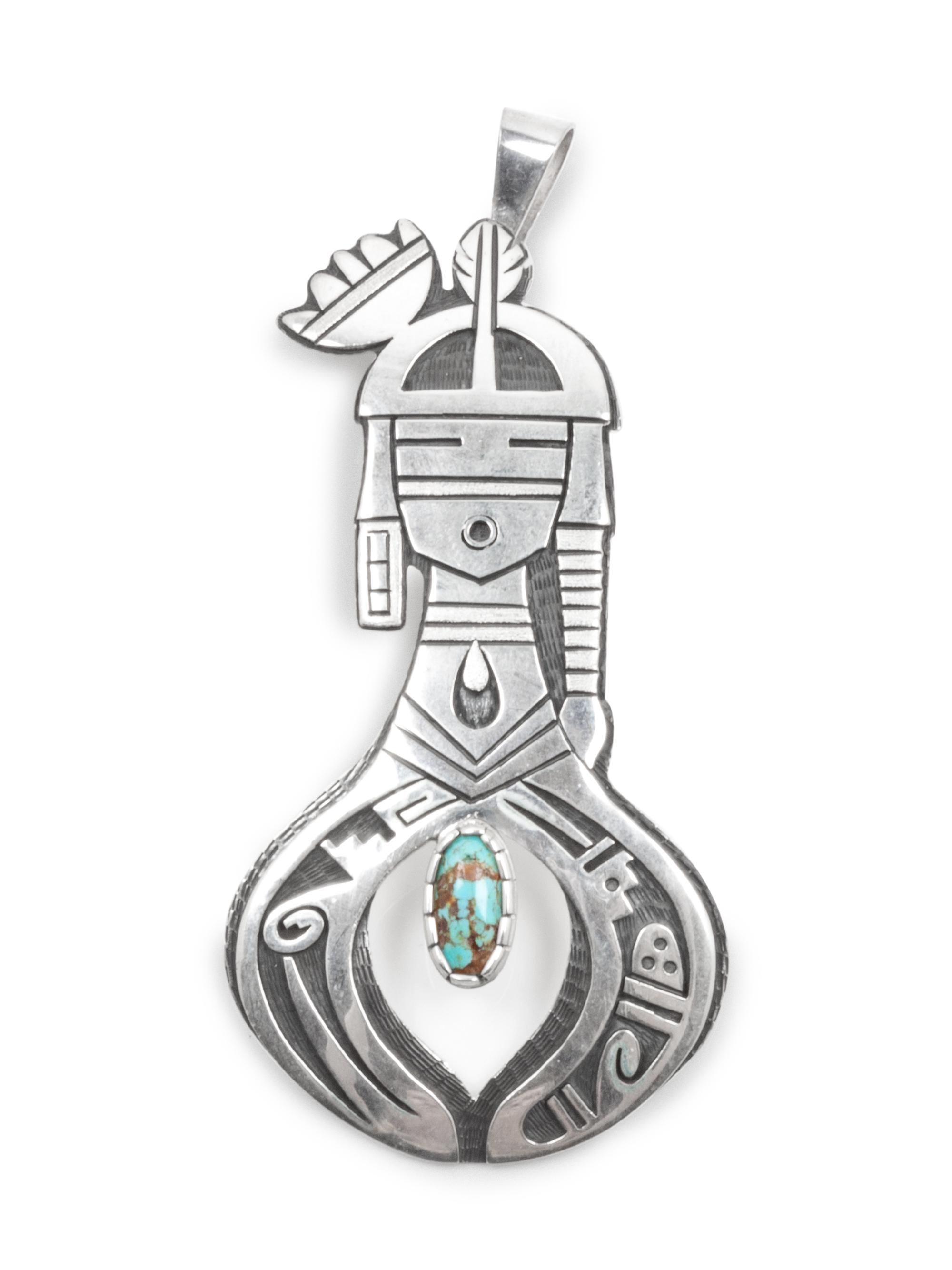 Silver overlay figural pendant with turquoise cabochon