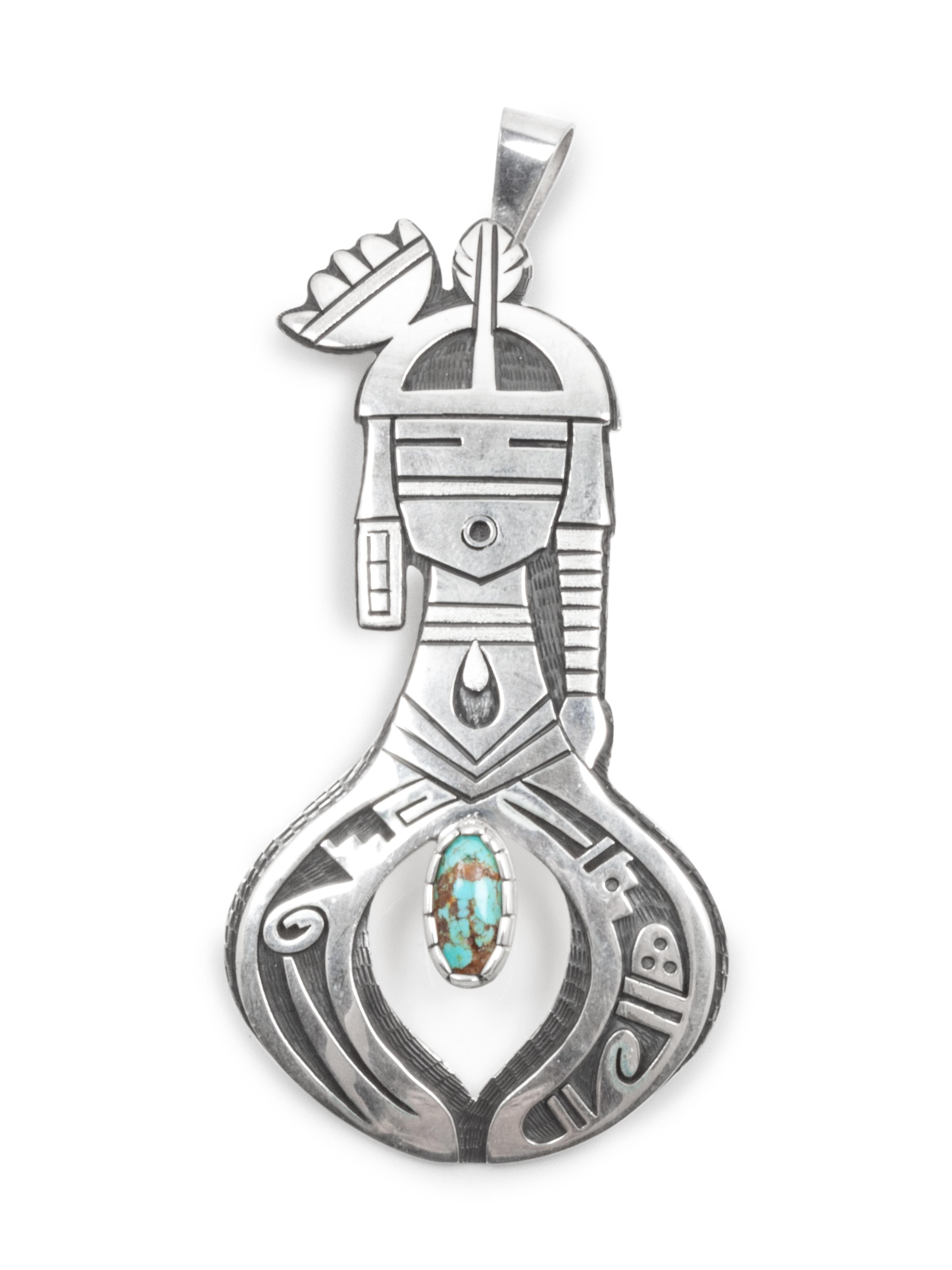 Silver overlay figural pendant with turquoise cabochon