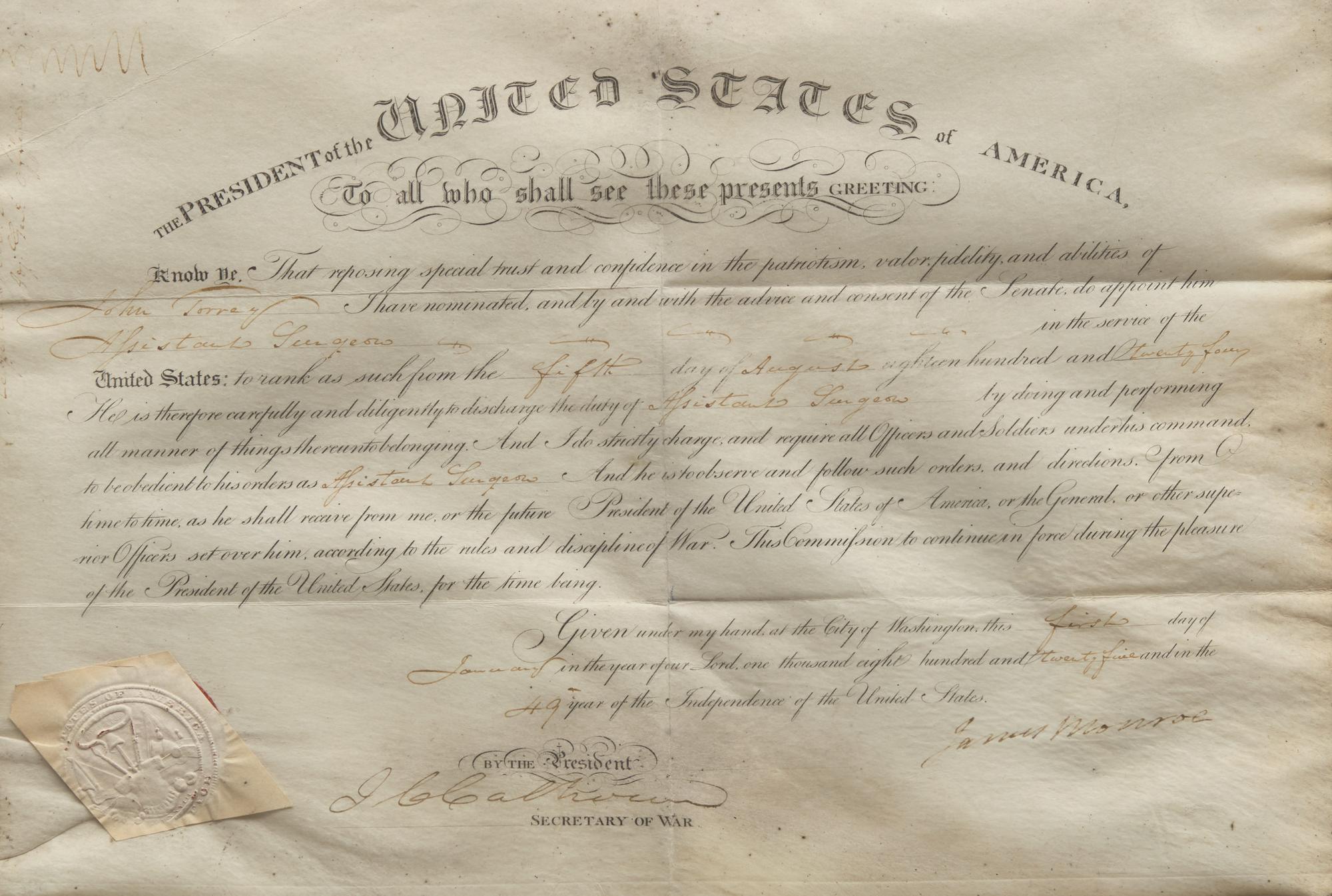 [Presidential] Monroe, James. Partially-Printed Document, signed