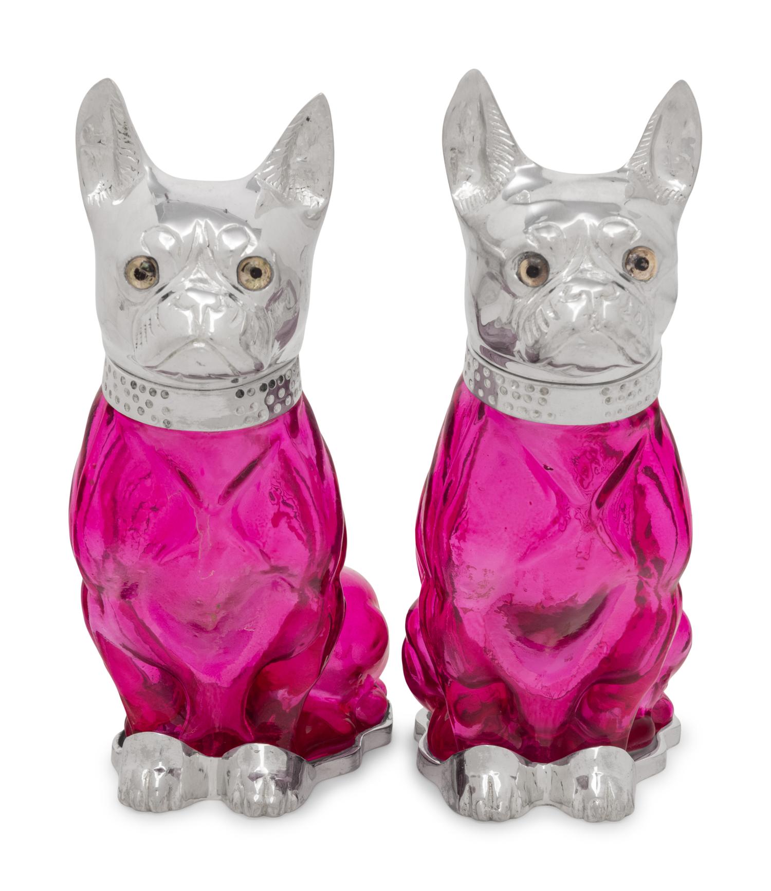 A Pair of Silver-Plate and Pink Glass Bulldog Decanters