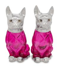 A Pair of Silver-Plate and Pink Glass Bulldog Decanters