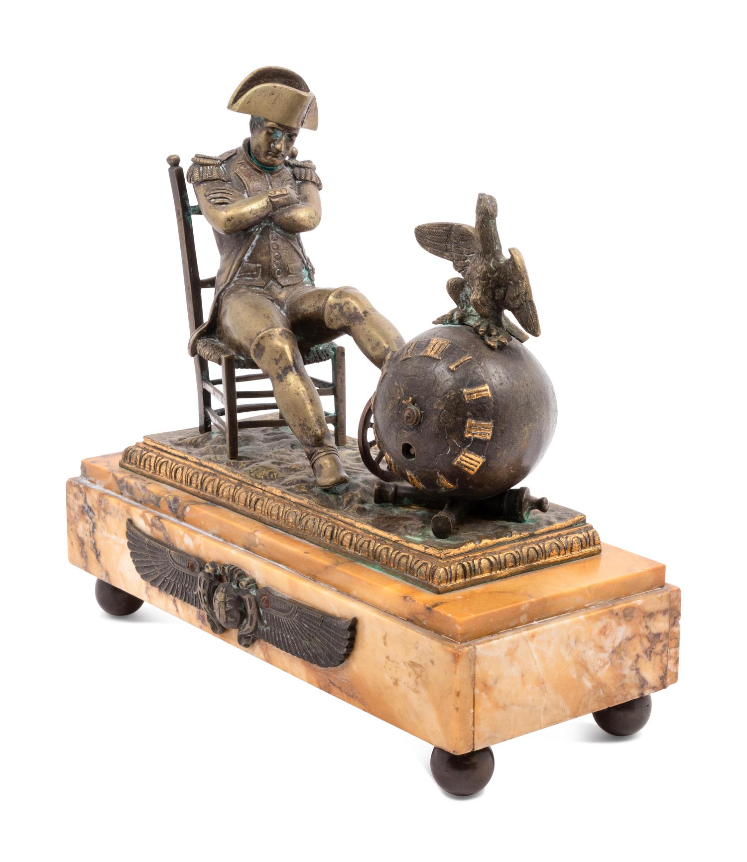 An Empire Style Gilt Bronze and Marble Figural Mantel Clock
