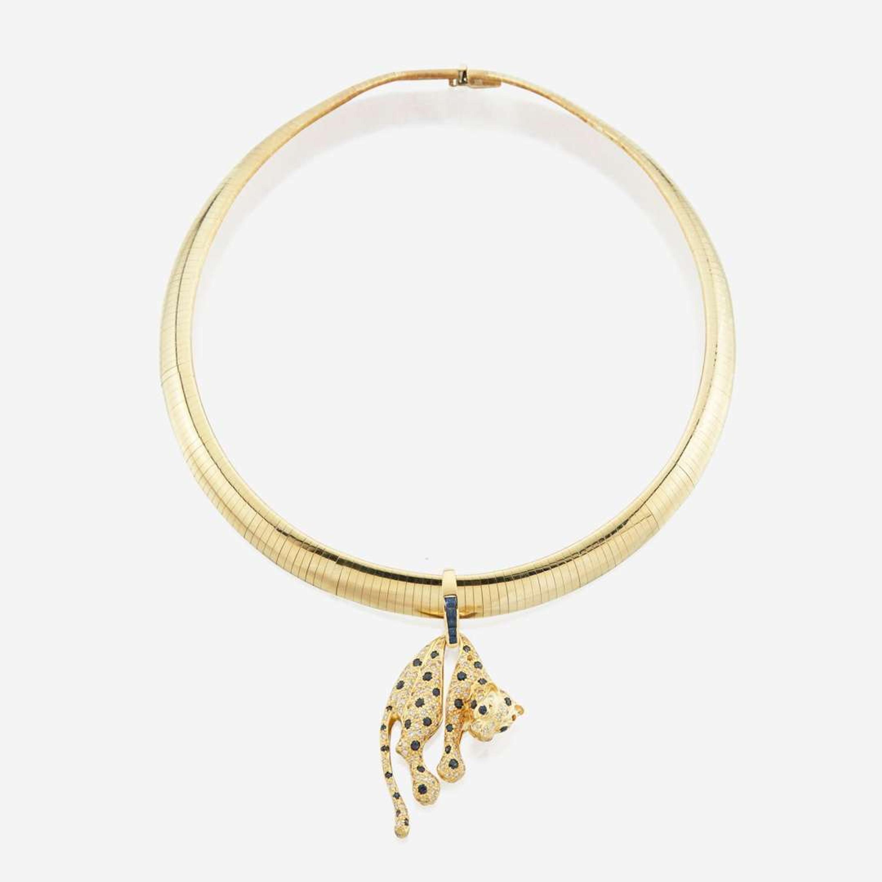 A diamond and sapphire gold necklace