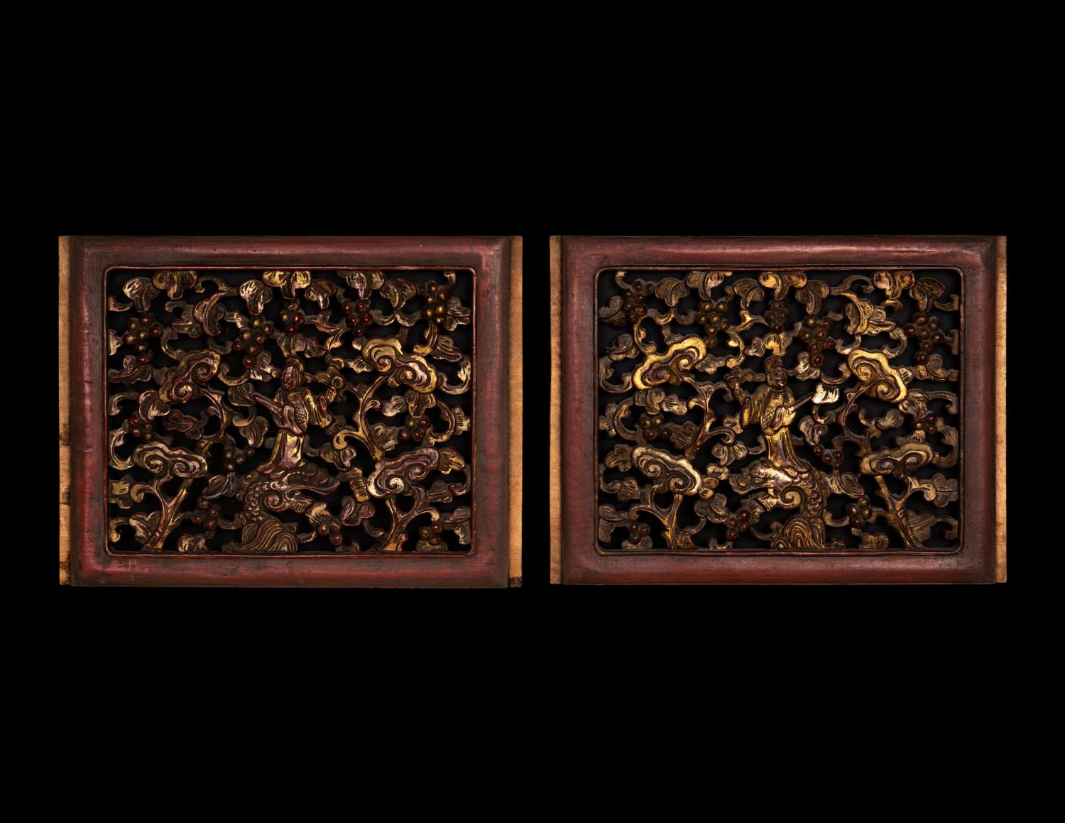 Five Chinese Gilt and Lacquered Carved Wood Panels