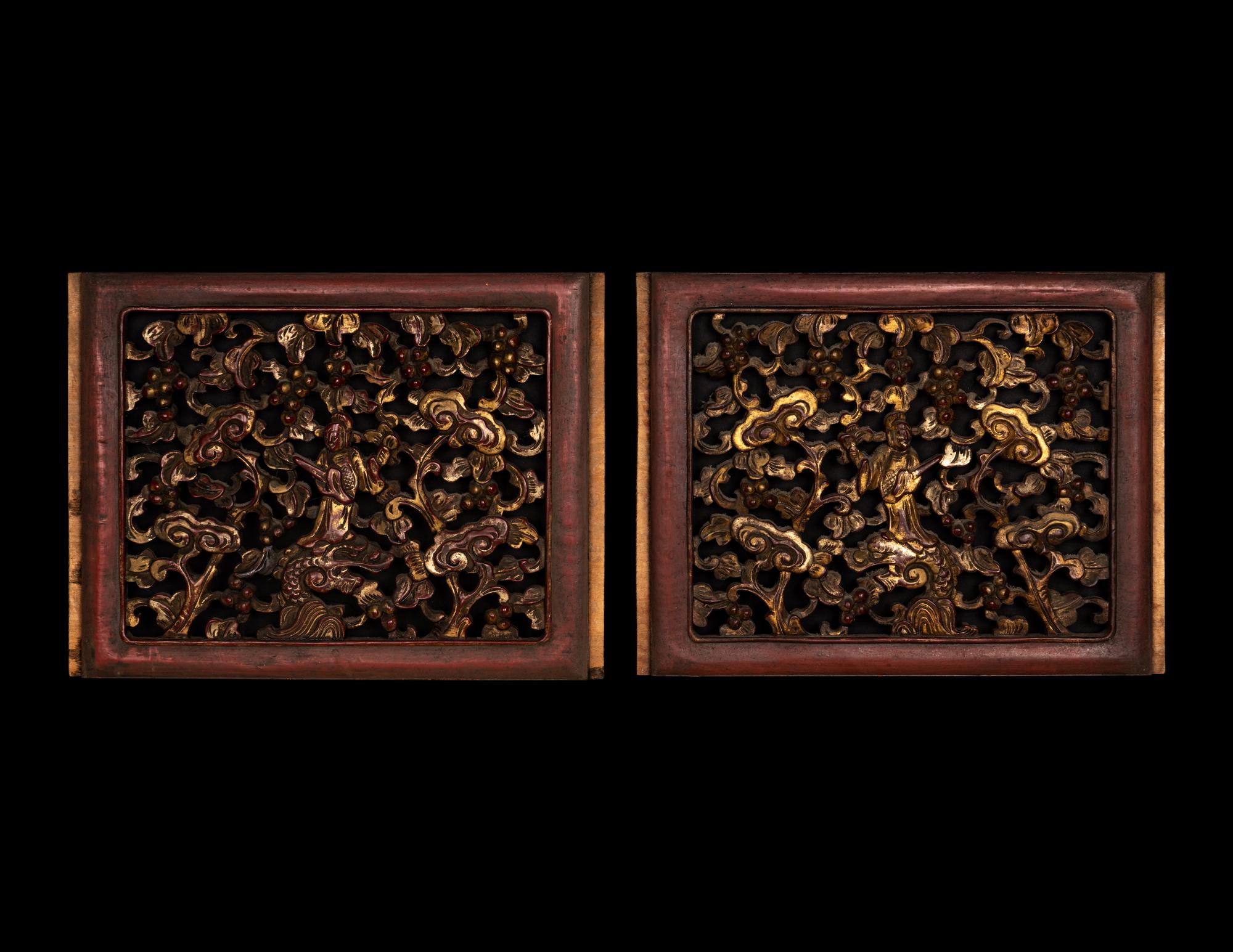 Five Chinese Gilt and Lacquered Carved Wood Panels