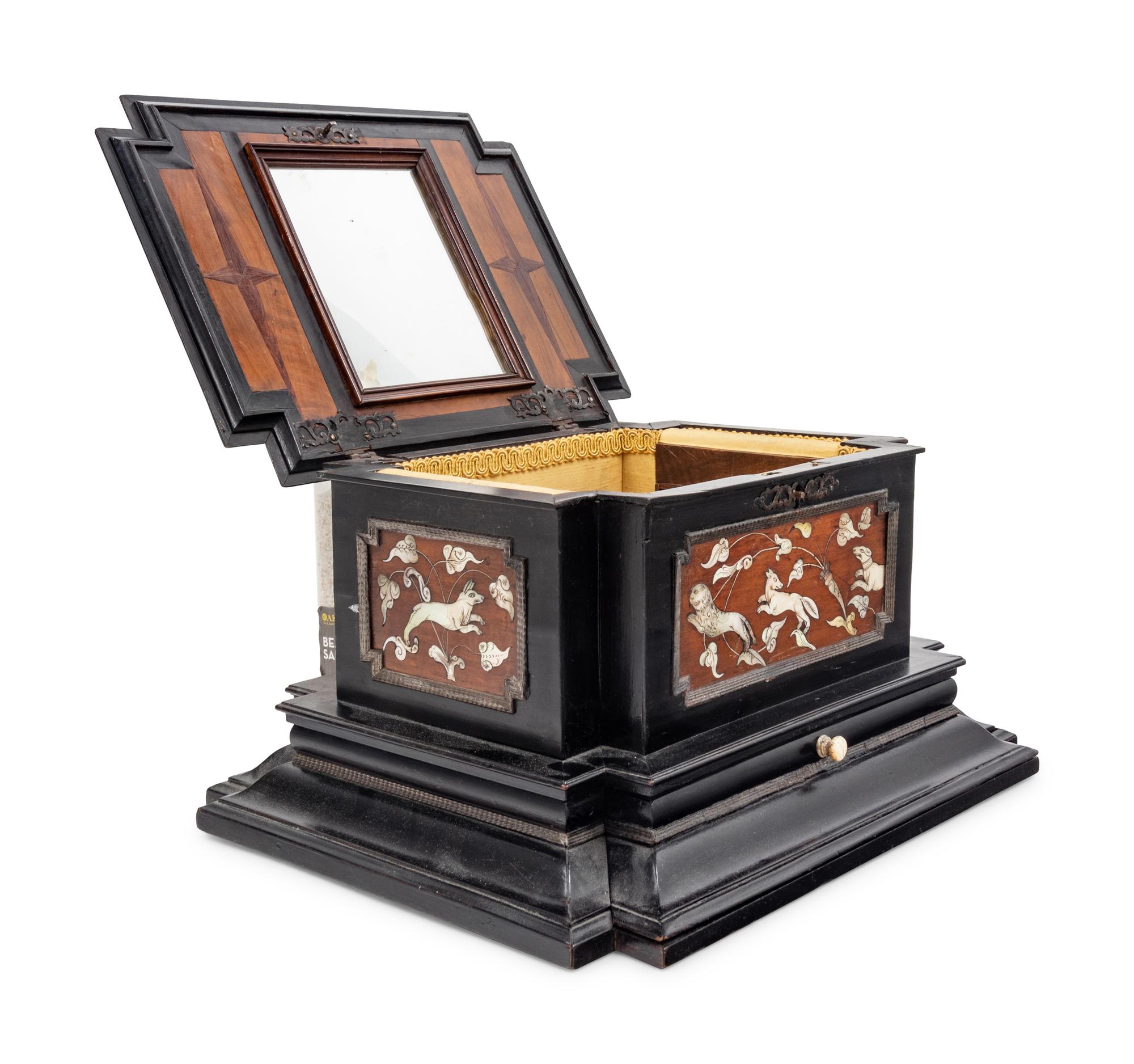 A German Mother-of-Pearl Inlaid Ebonized Jewelry Casket
