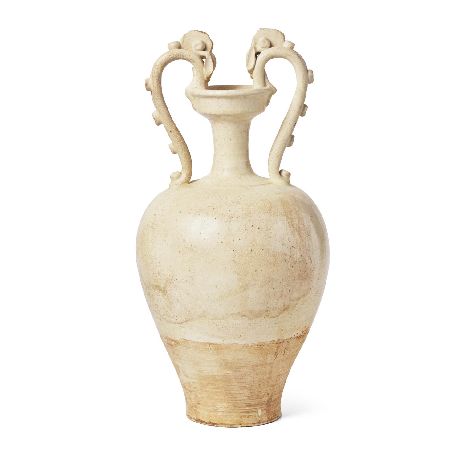 A Chinese White Glazed Pottery 'Amphora' Vase, Tang Dynasty 唐 白釉雙龍尊