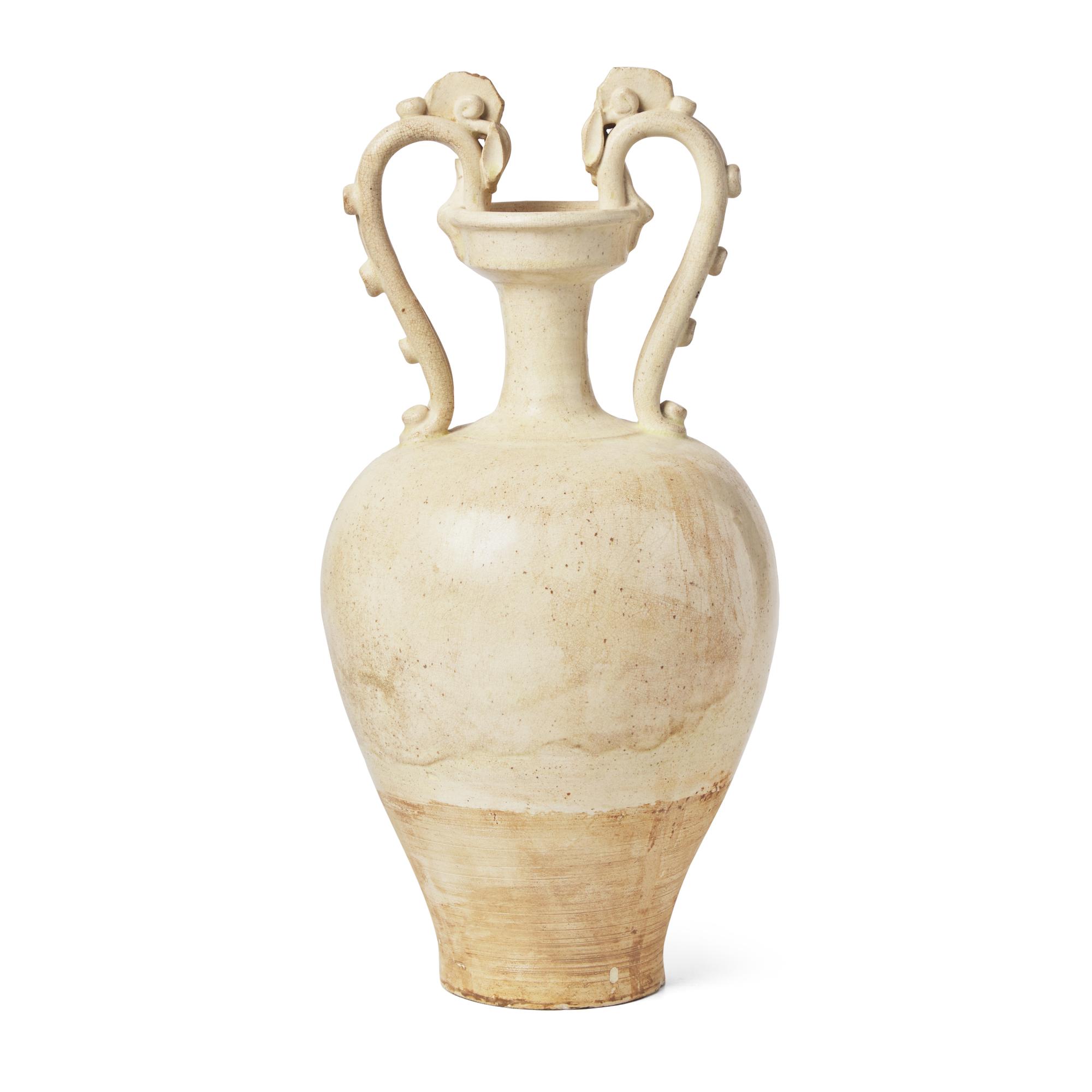 A Chinese White Glazed Pottery 'Amphora' Vase, Tang Dynasty 唐 白釉雙龍尊