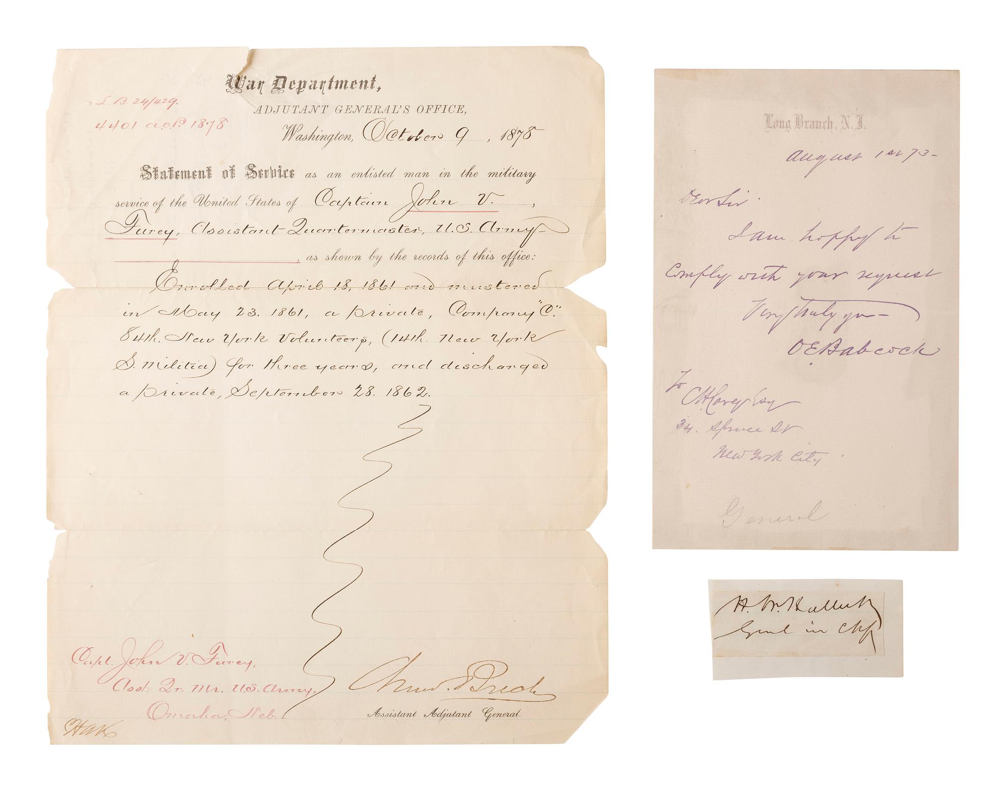 [CIVIL WAR]. Autographs from Civil War soldiers incl. Generals SHERMAN, MCCLELLAN, and BUTLER.