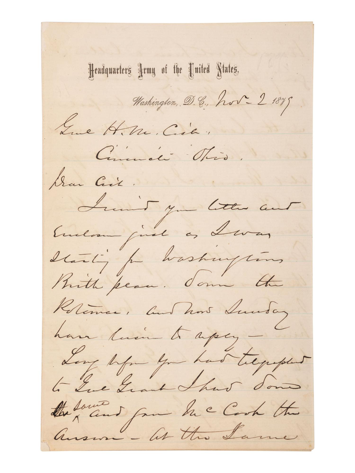 [CIVIL WAR]. SHERMAN, William Tecumseh (1820-1891). Autograph letter signed ("W.T. Sherman"), as Commanding General of the US Army, to General Henry M. Cist (1839-1902). Washington, D.C. 2 November 1879.