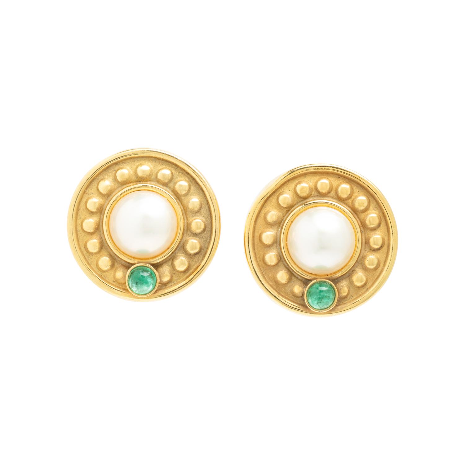 Mabé Pearl, Emerald, and Yellow Gold Earrings