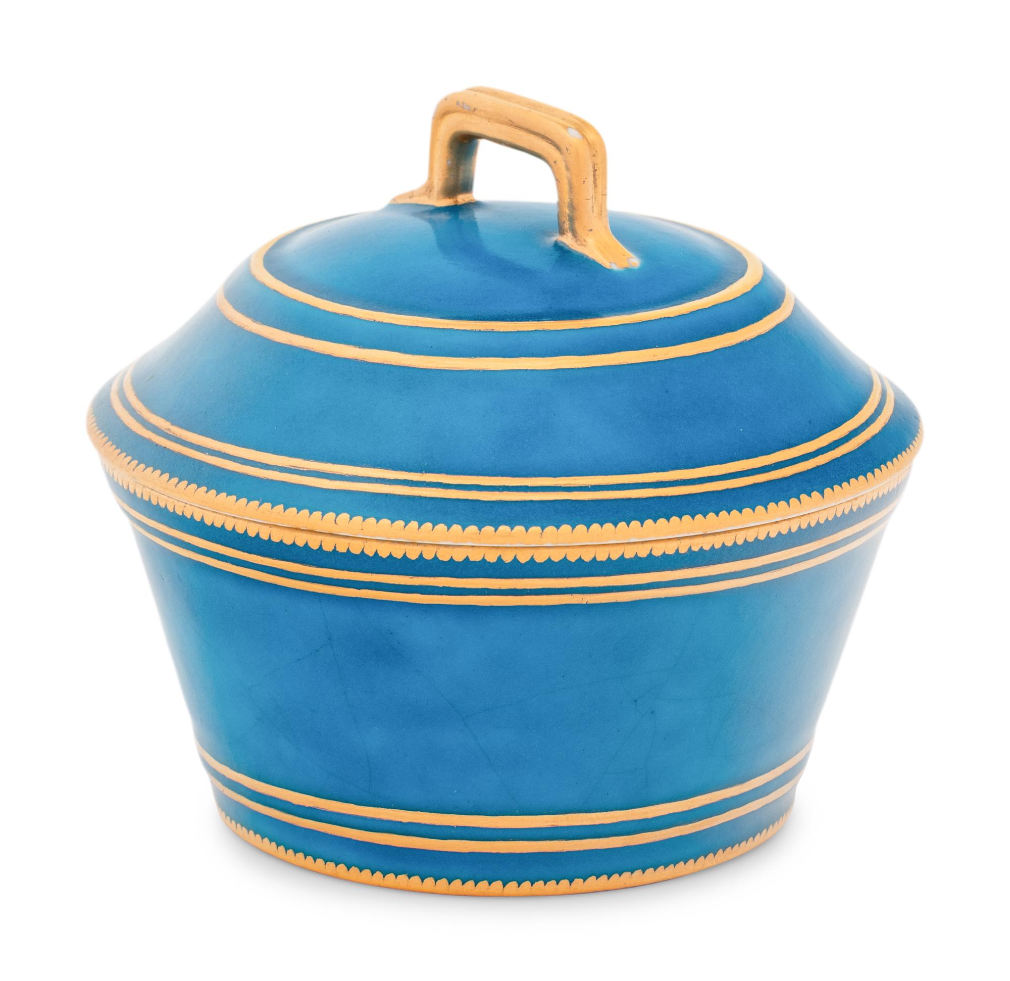 A Vincennes Bleu Céleste Plein Porcelain Sugar Bowl and Cover ( Pot à Sucre ' à Cerceau' ou 'à Cuvier', 1ère Grandeur )