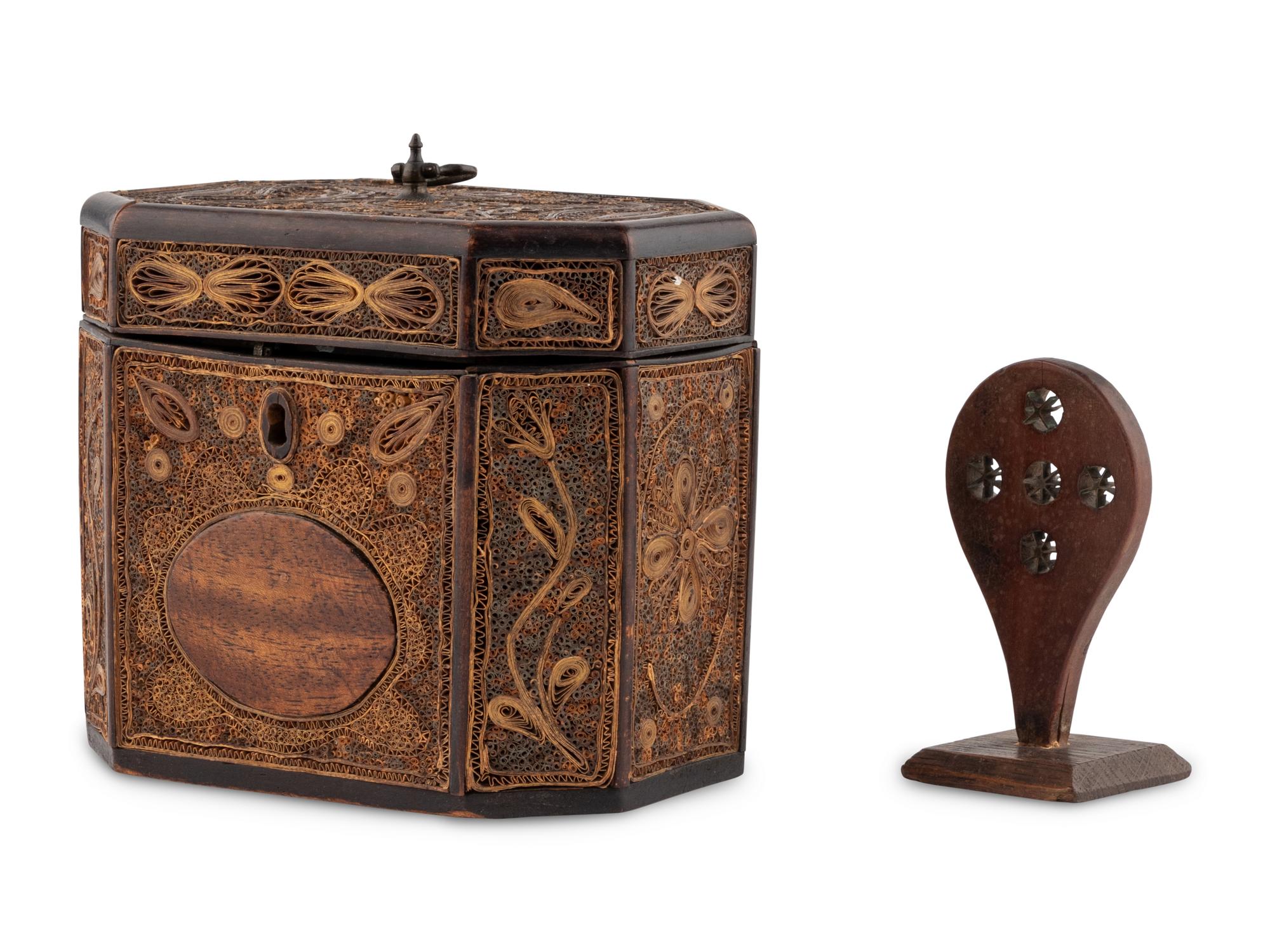 A George III Rolled Paper Tea Caddy and A Basket Splint Guide