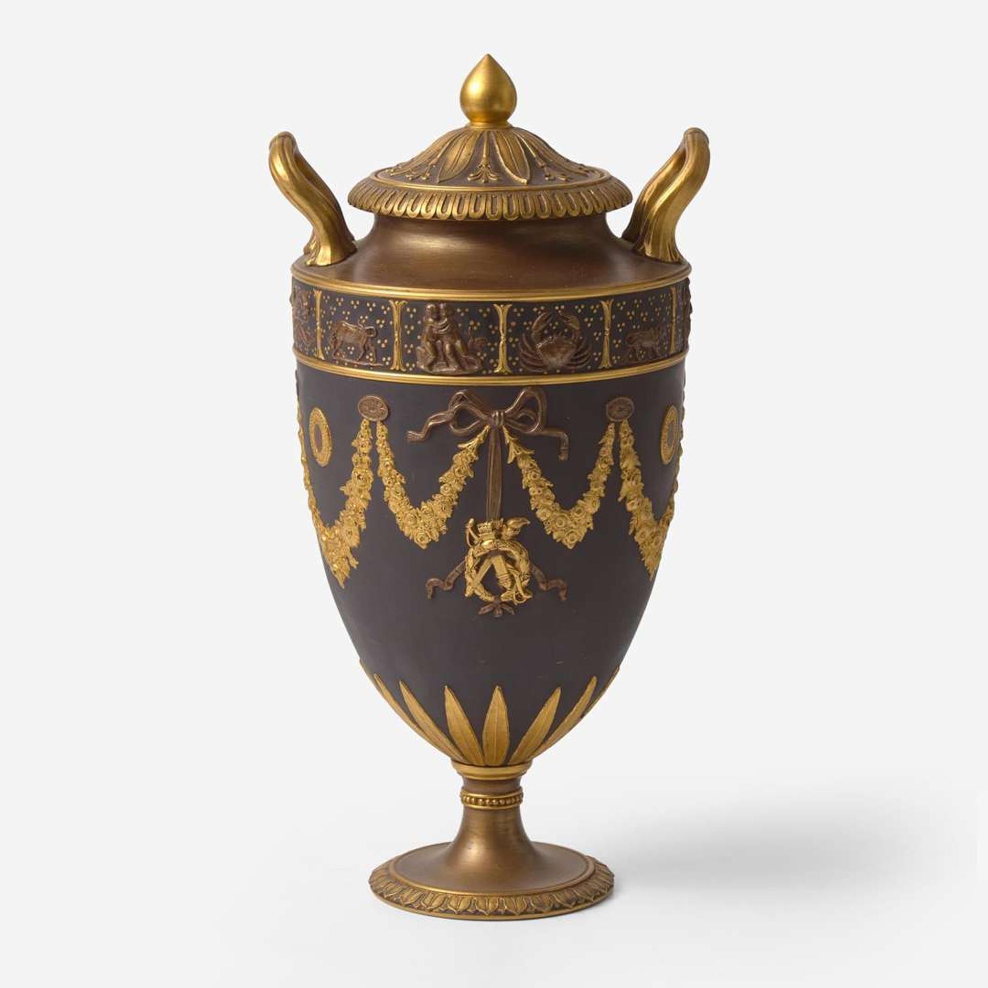 A Wedgwood Bronzed and Gilded Black Basalt Vase and Cover UK, circa 1900