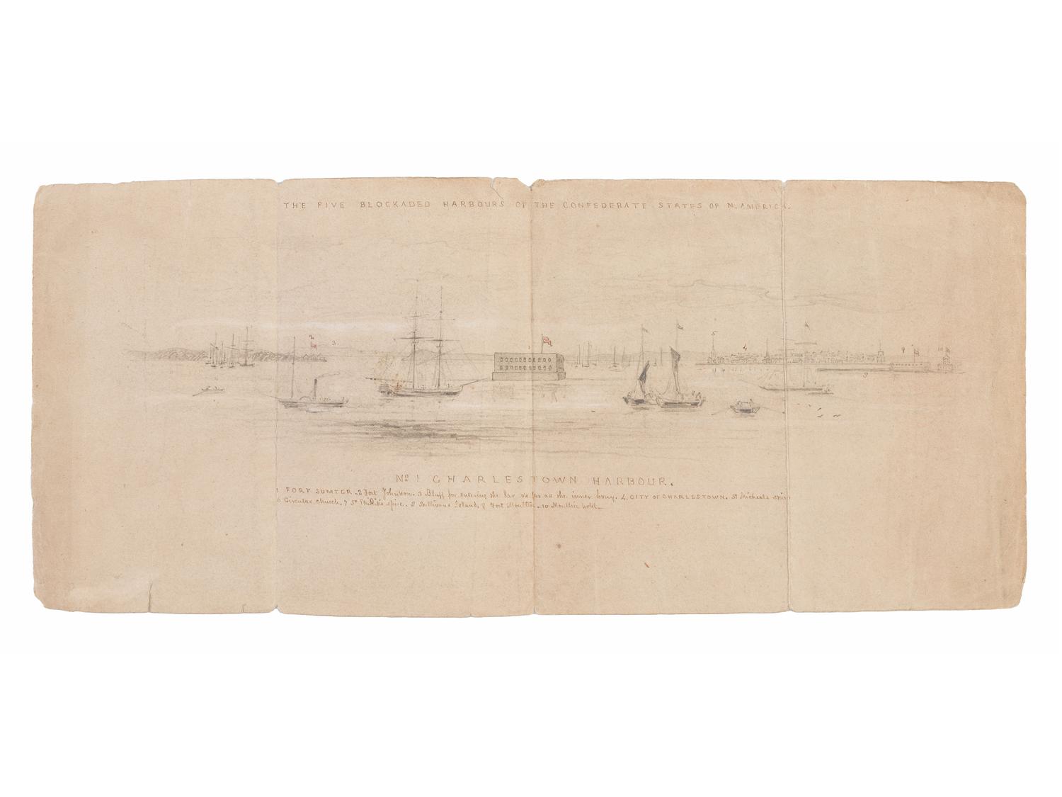 [CIVIL WAR]. Hand-drawn sketch of the blockaded Charleston Harbor during the Civil War, with inscribed key.