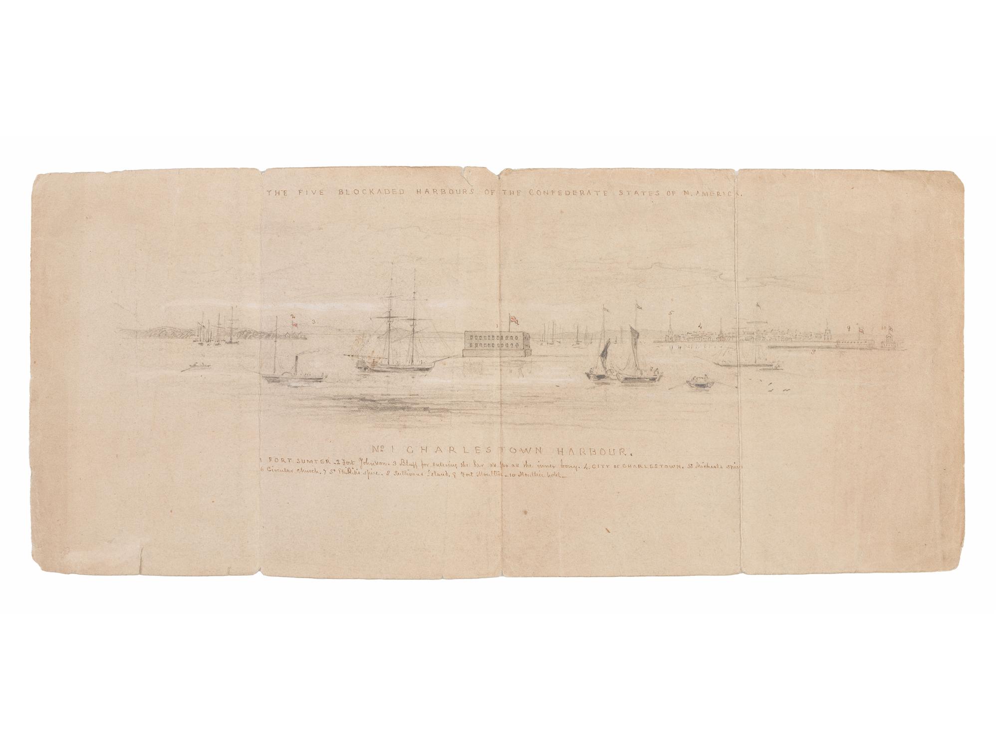 [CIVIL WAR]. Hand-drawn sketch of the blockaded Charleston Harbor during the Civil War, with inscribed key.