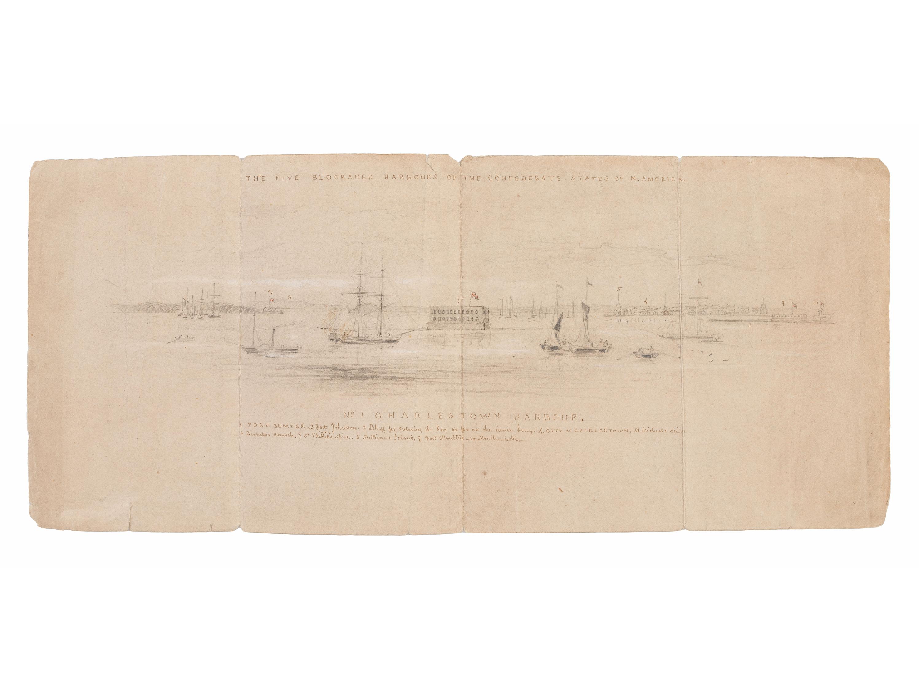 [CIVIL WAR]. Hand-drawn sketch of the blockaded Charleston Harbor during the Civil War, with inscribed key.